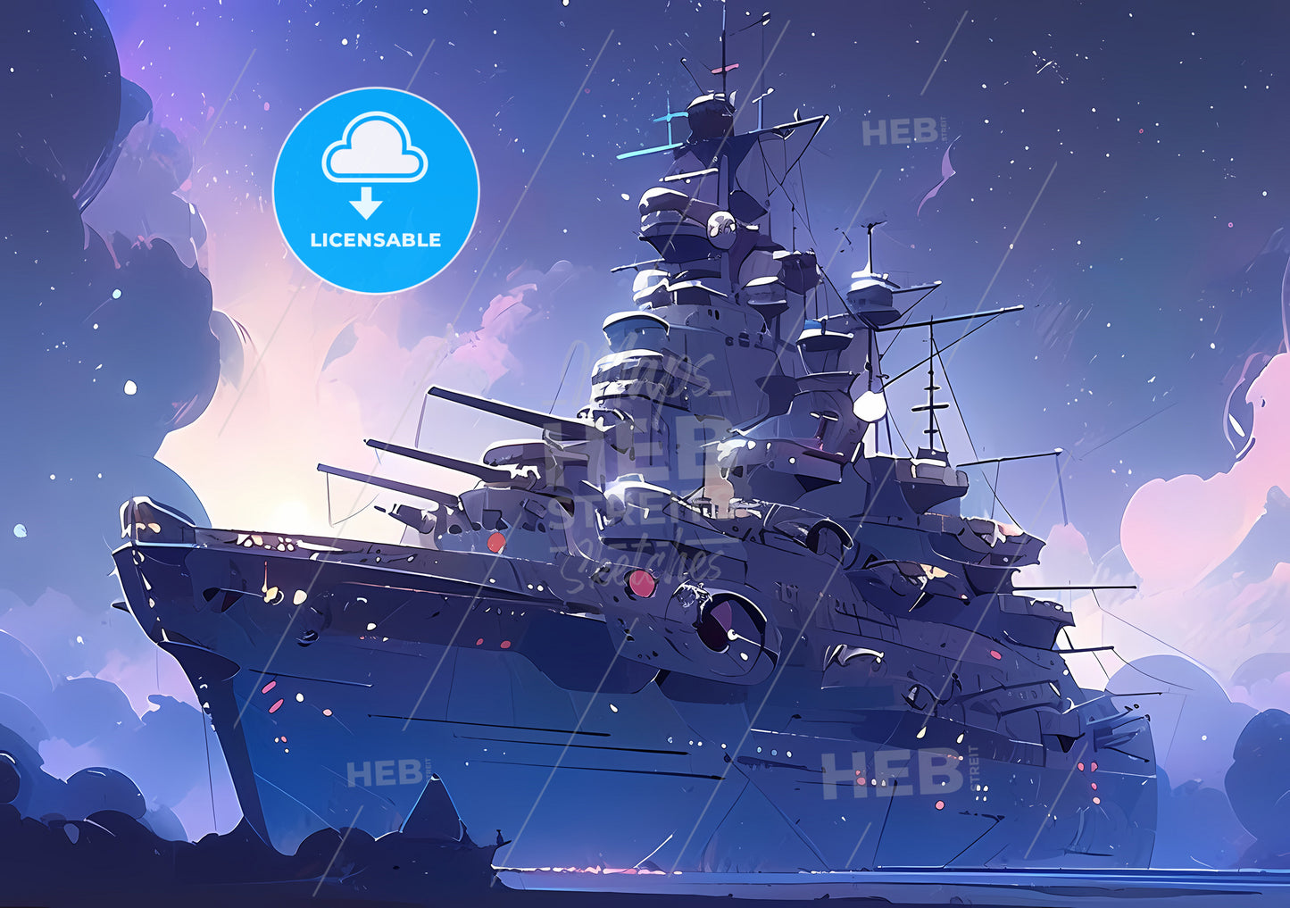 Sci-Fi Battlecruiser In Deep Space, A Large Ship With Many Guns