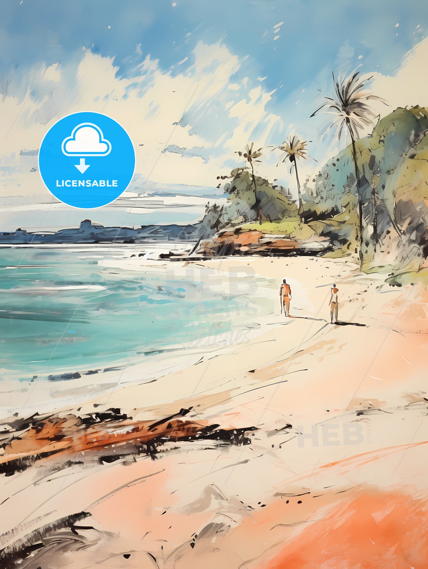 Sandy Tropical Beach, A Watercolor Of A Beach With People Walking On It
