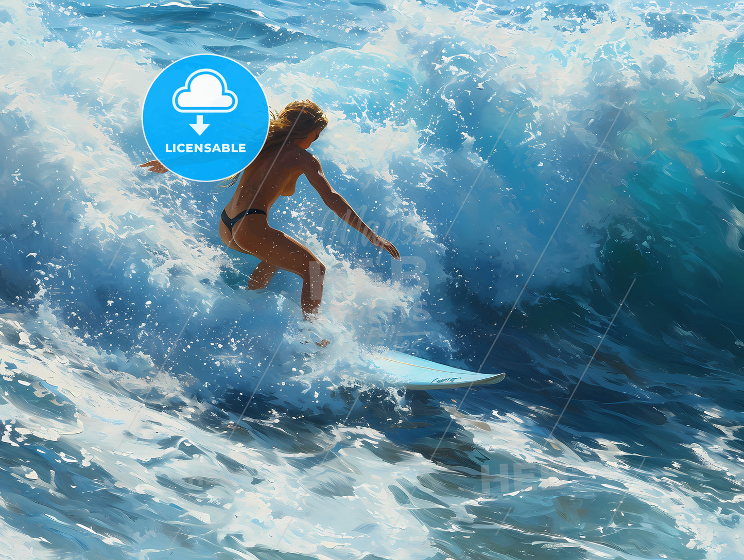 Riding A Surf Board, A Woman Surfing In The Ocean