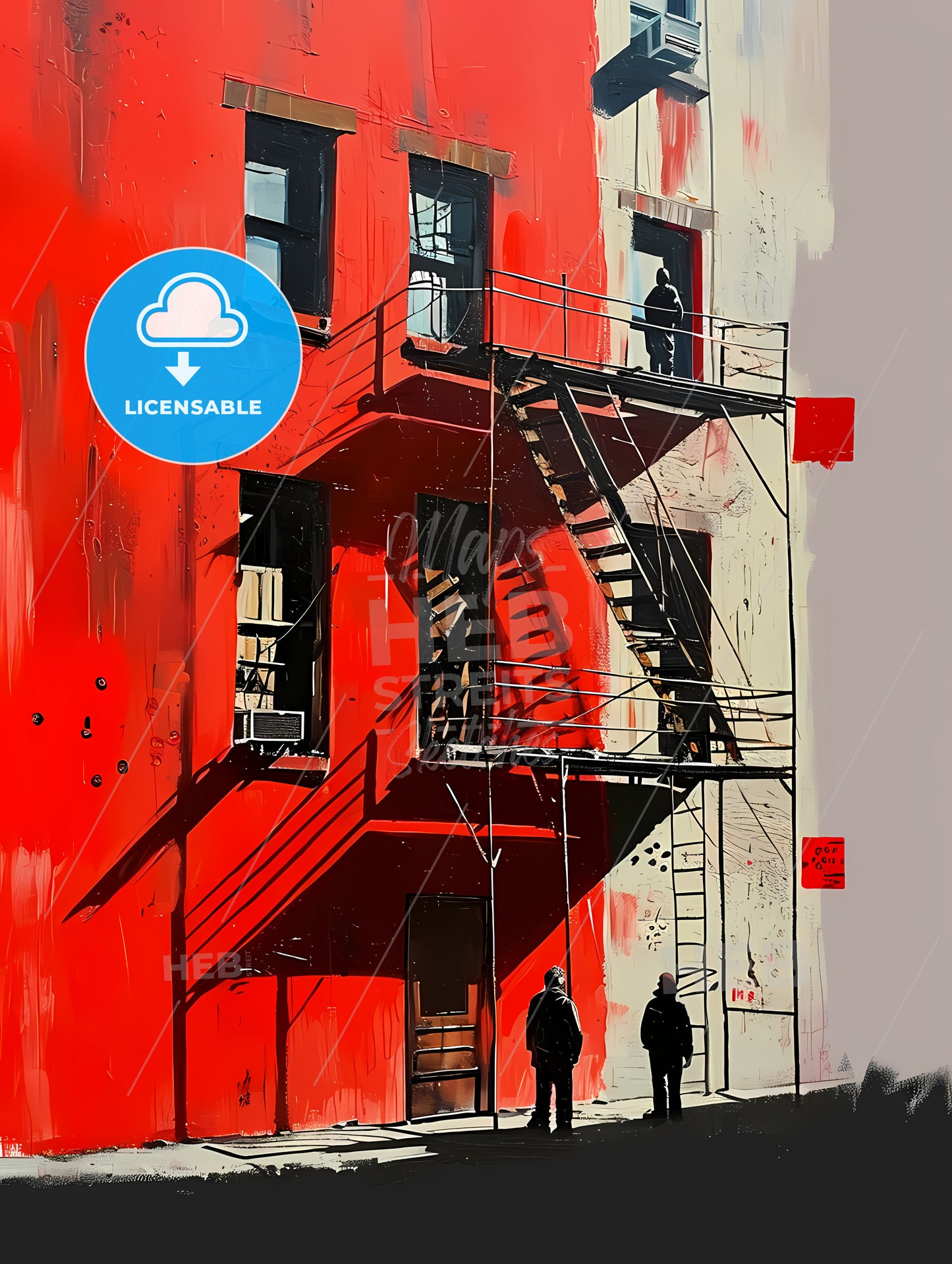 Modern Painting People Standing, A Red Building With A Couple Of People Walking On The Side