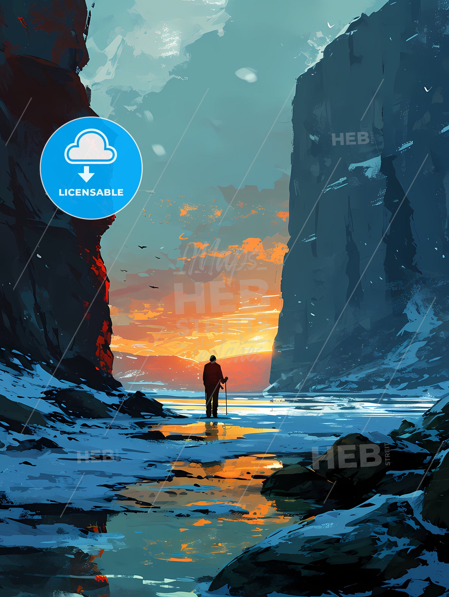 Two People Are Skiers In The Snow, A Person Standing In A Frozen Lake With A Stick