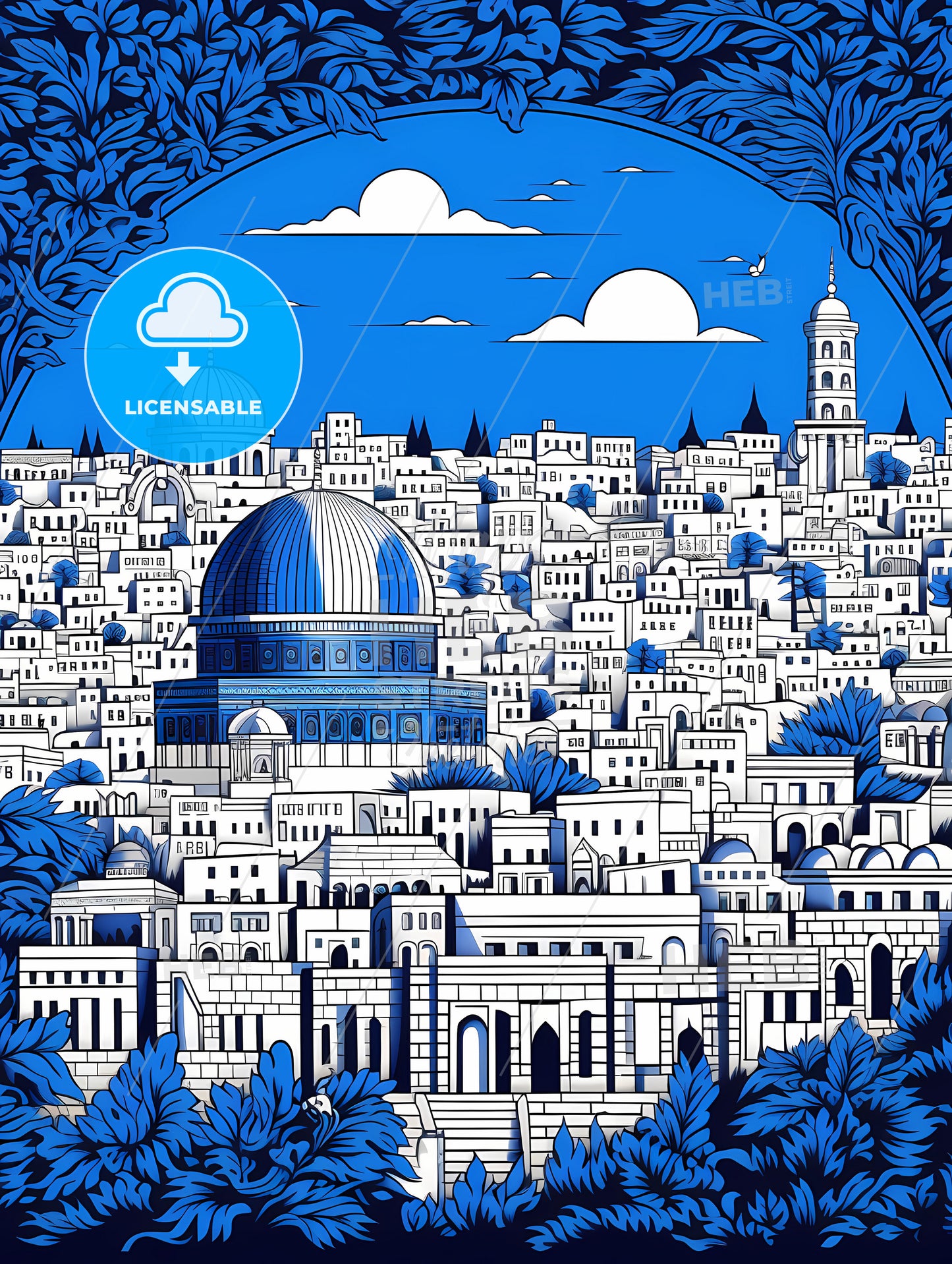 Outline The City Of Jerusalem, A Blue And White Cityscape