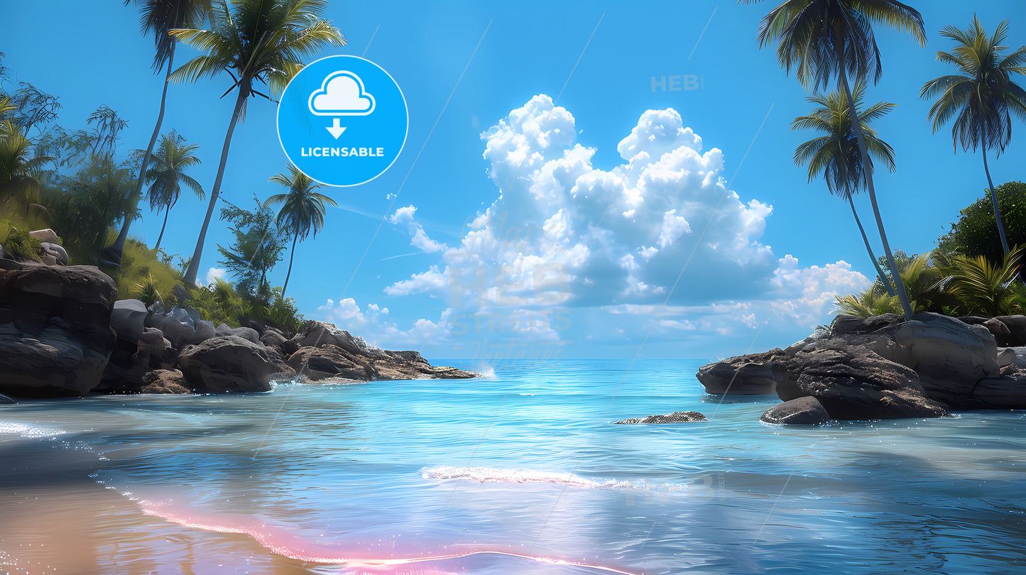 Blue Sky ,White Cloudy , Blue Sea, A Body Of Water With Palm Trees And Rocks
