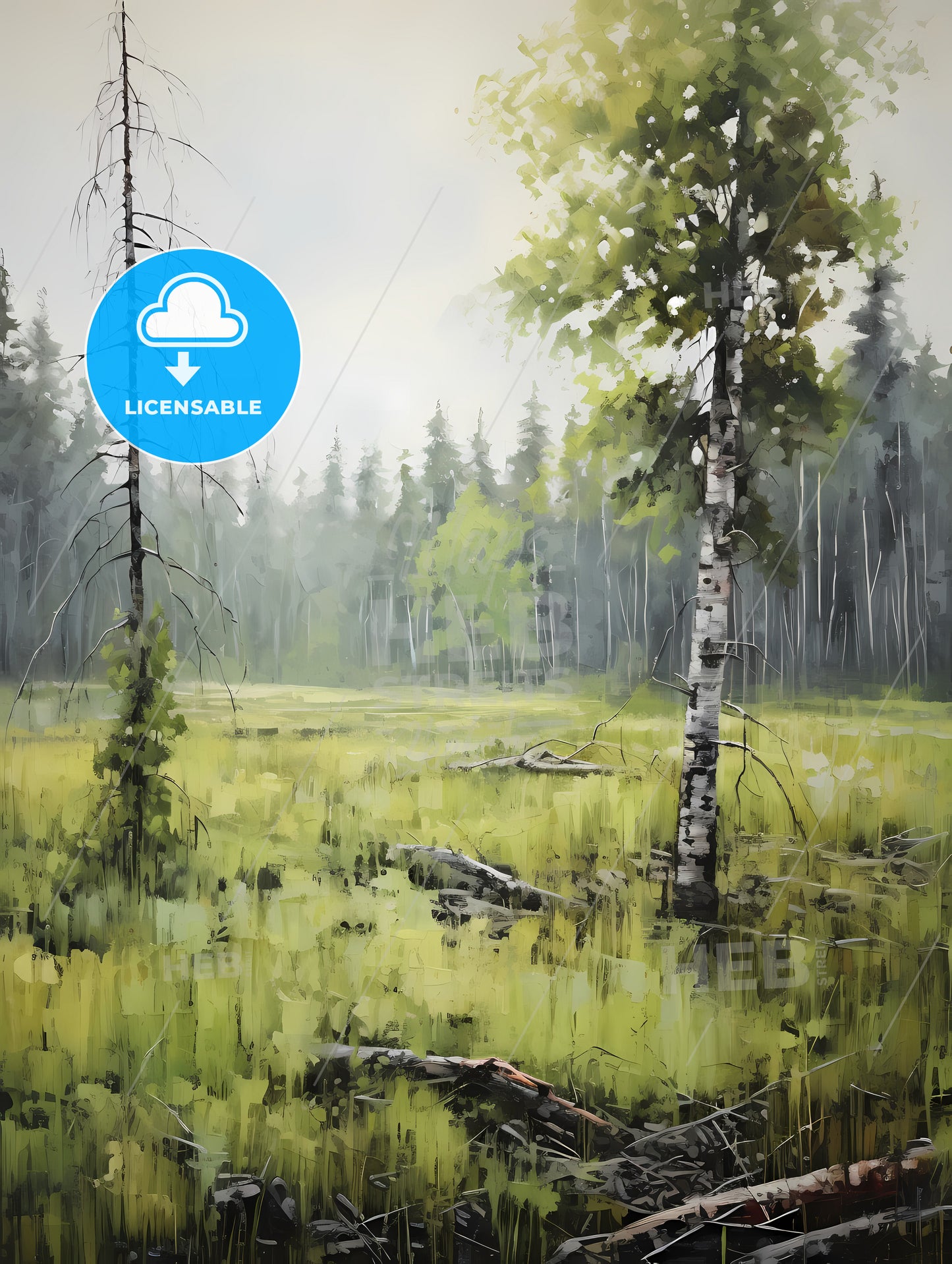 A Painting With Green Grass, A Field Of Grass With Trees And Grass