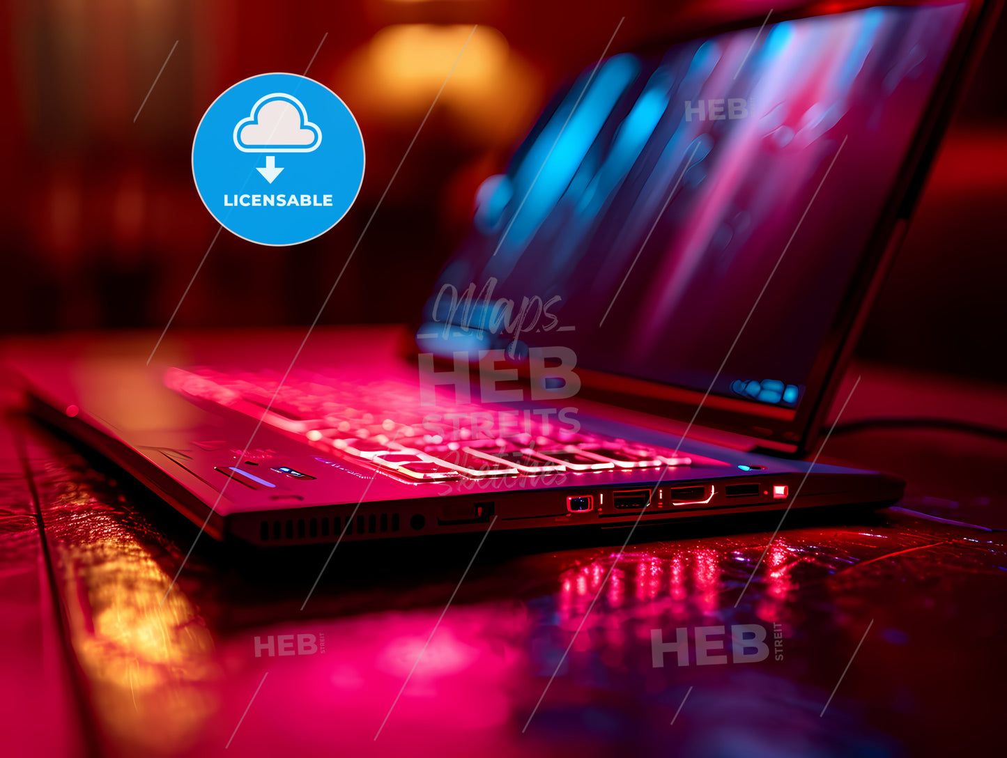 An Open Laptop On The Upper Wall, A Laptop With Red Lights