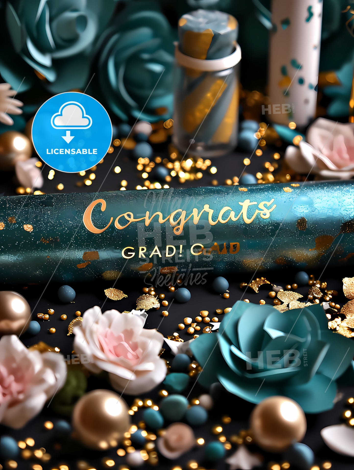 Silver Graduation Banner With Green Glitter And Gold, A Close Up Of A Cracker