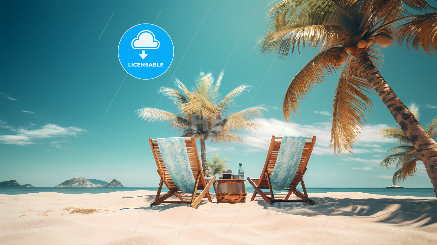 On A Sunny Beach With A Palm Tree, Two Chairs On A Beach