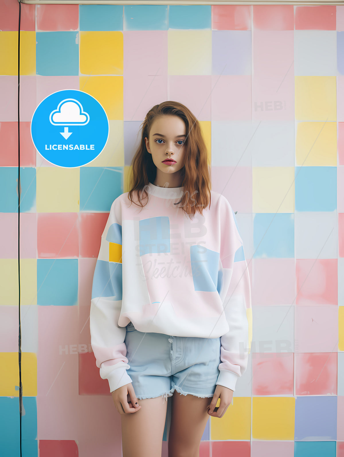 Girl Standing On A Pastel Background, A Woman Standing In Front Of A Wall