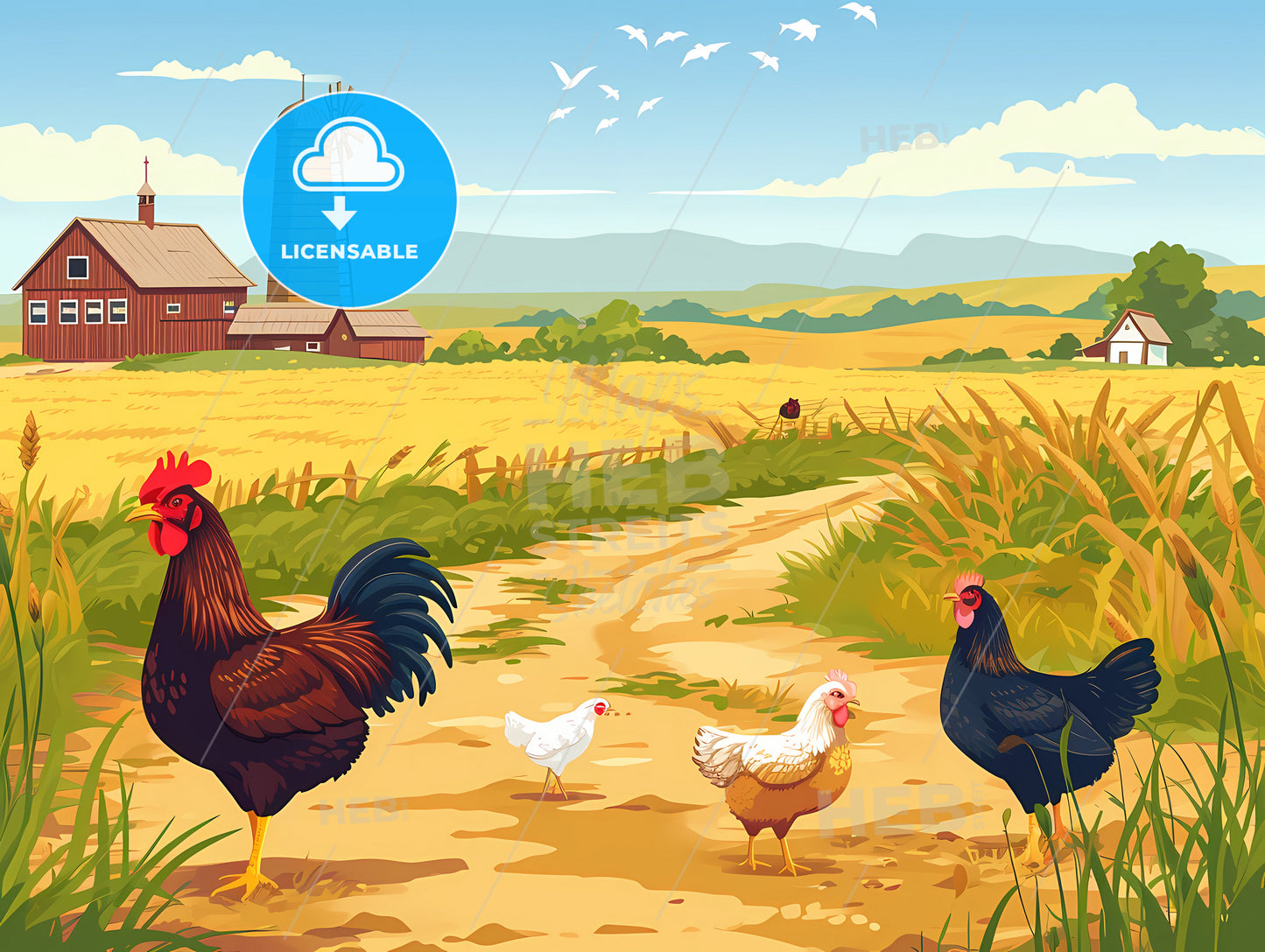 Cartoon Farm Background, A Rooster And Chickens On A Dirt Road