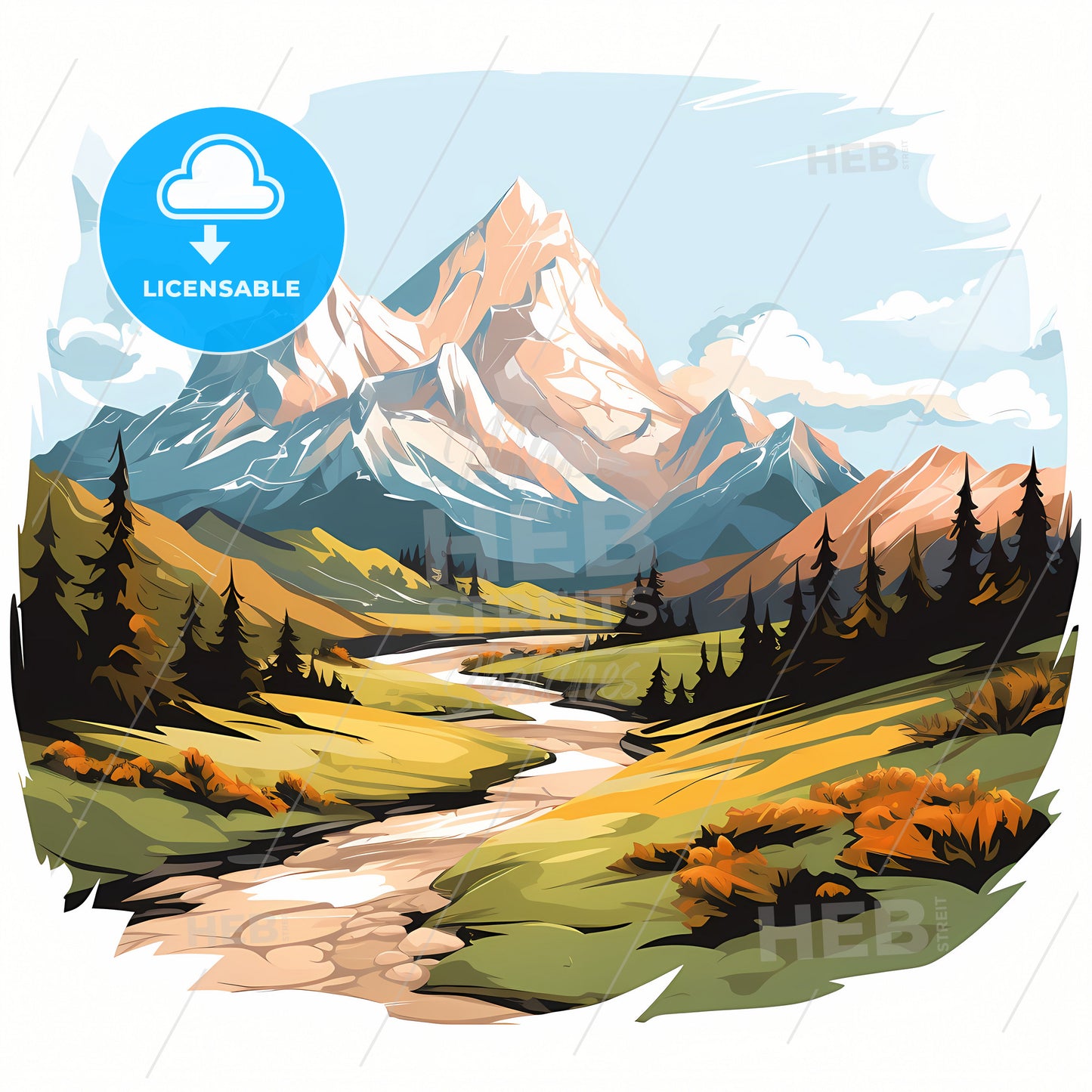 A Mountain View Illustration, A River Running Through A Valley With Trees And Mountains