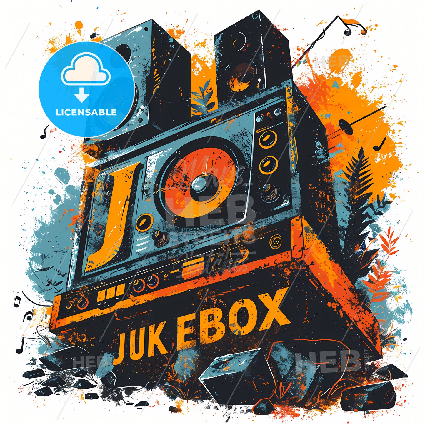 Stylish Music Logo With The Text Jukebox, A Large Speaker With Orange And Black Text