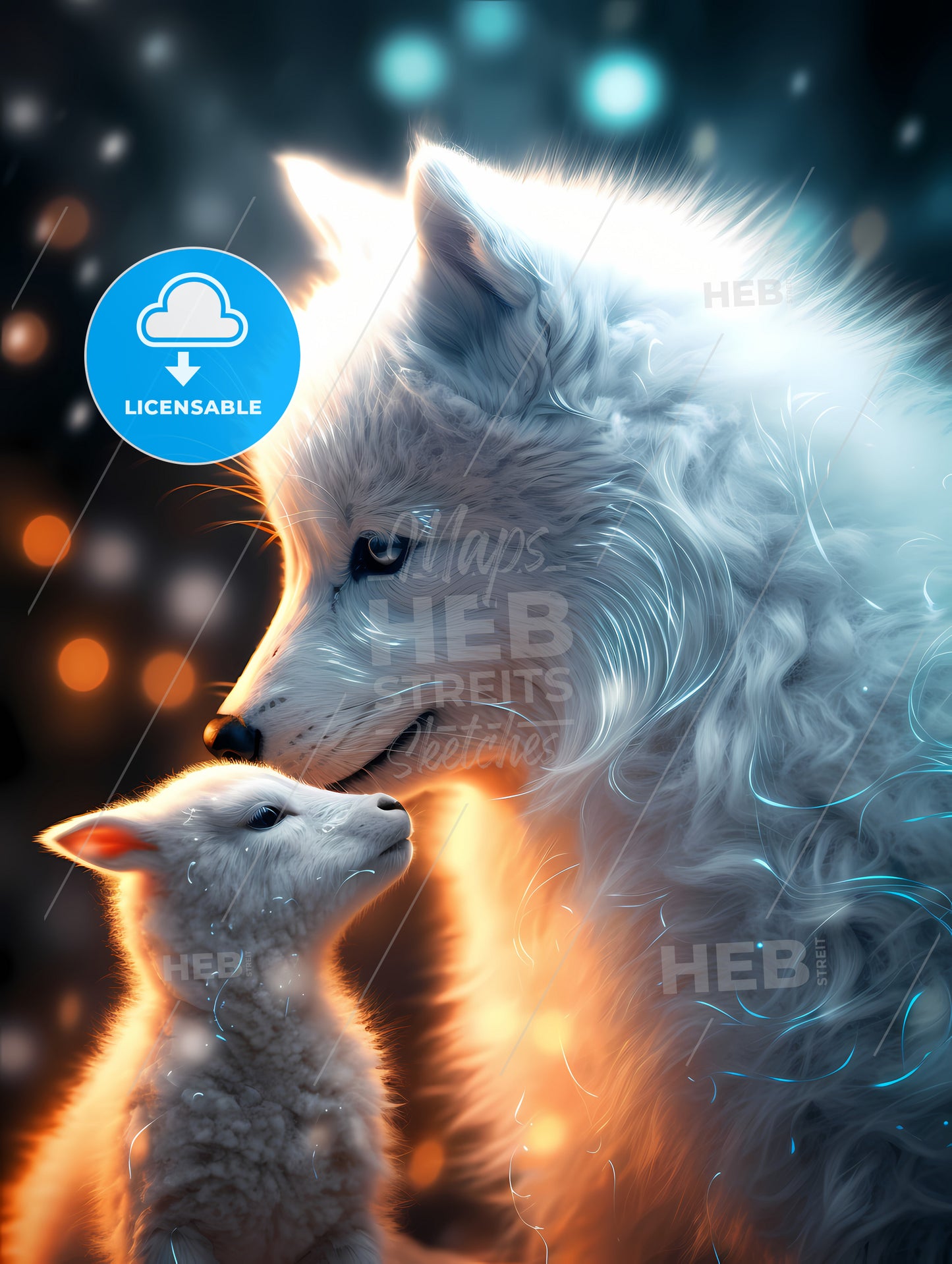 A Wolf Is Petting A Lamb Gently, A White Wolf And A Lamb