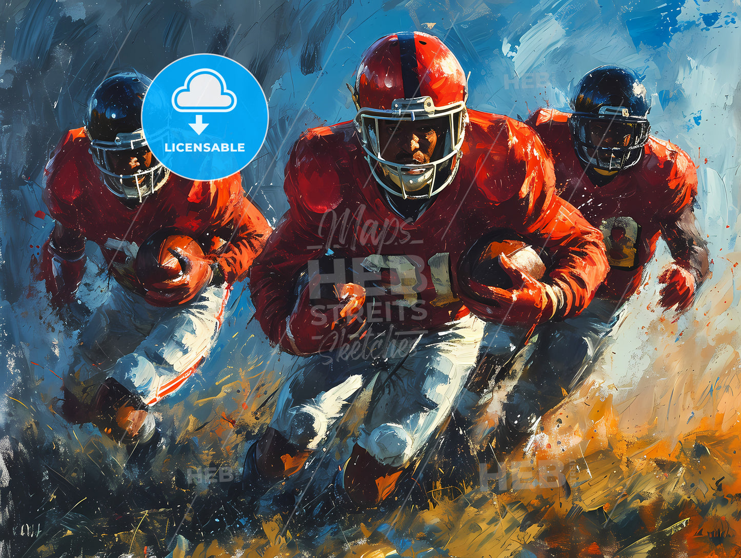 American Football, A Group Of Football Players Running With Footballs