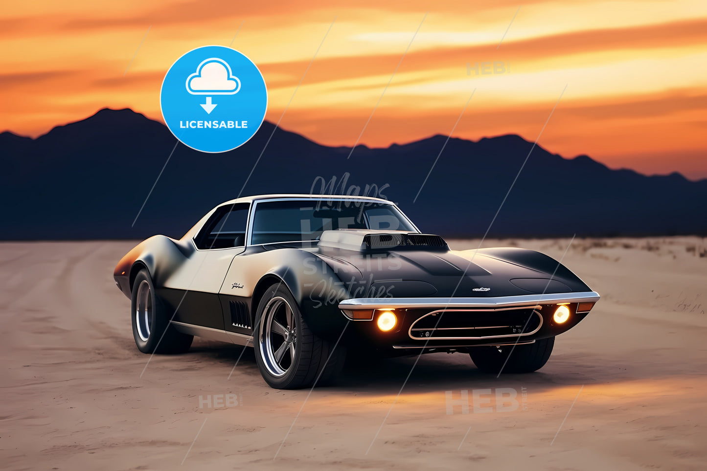 A Classic Black Muscle Car, A Black Sports Car Parked In The Desert