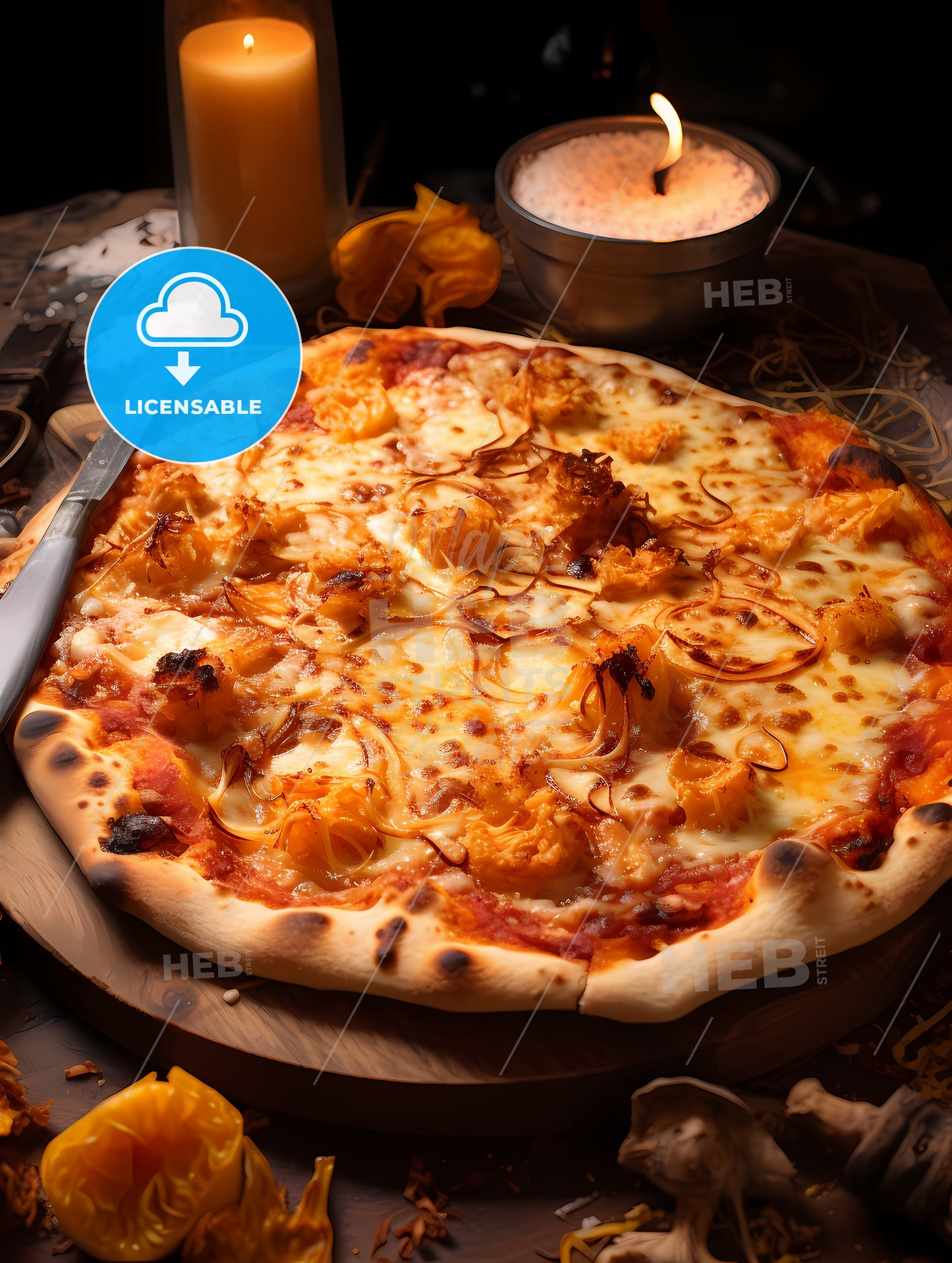 Hot Cheesy Pizza, A Pizza With A Knife And A Candle