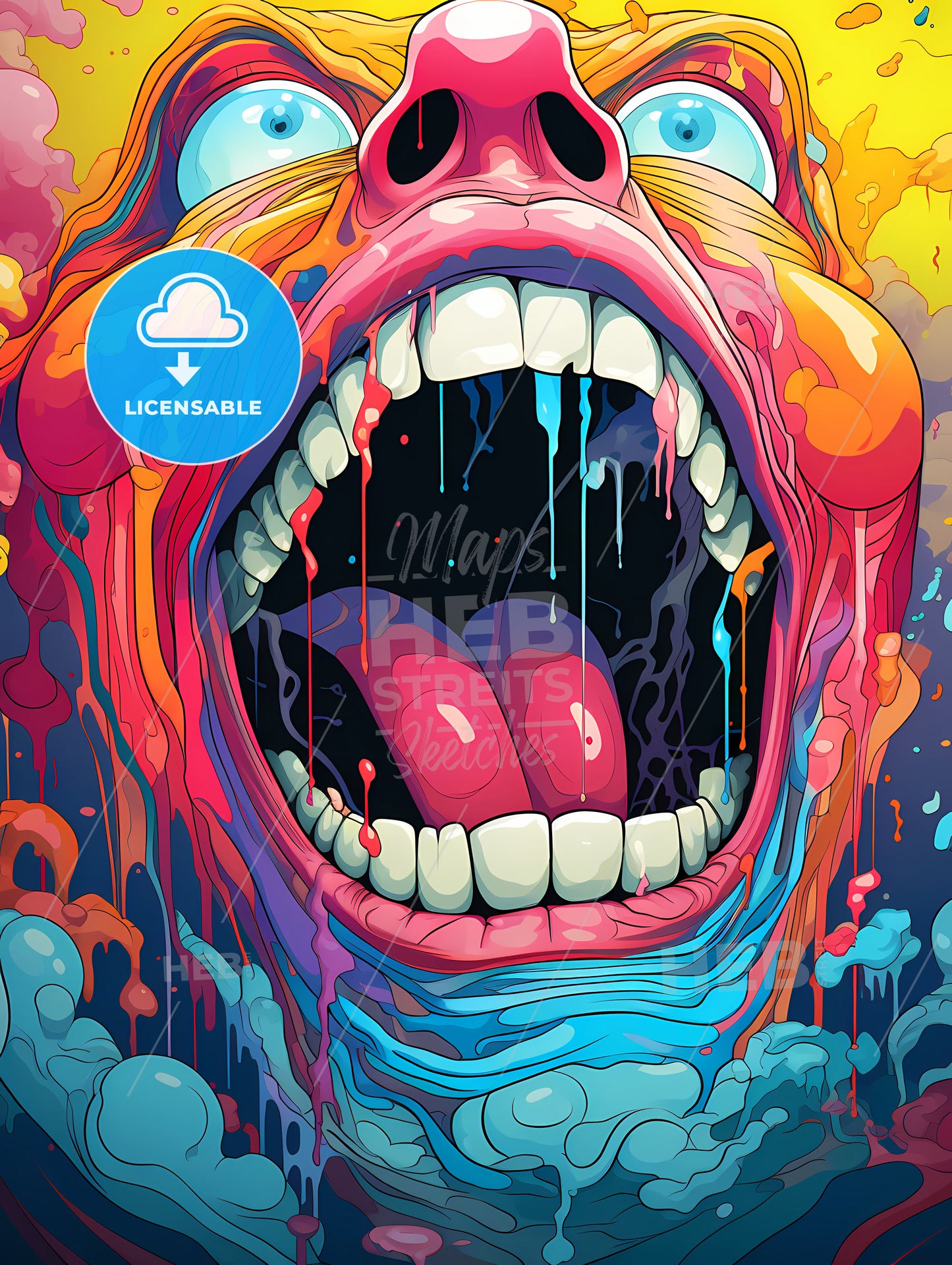 Low Dutch Angle Digital Acid, A Colorful Face With Tongue And Eyes