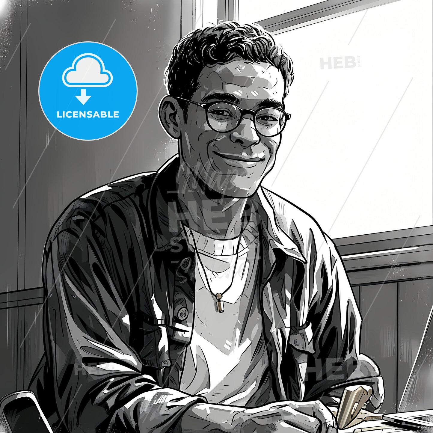 A Happy Man Sitting In A Lecture Room, A Man Smiling At A Computer