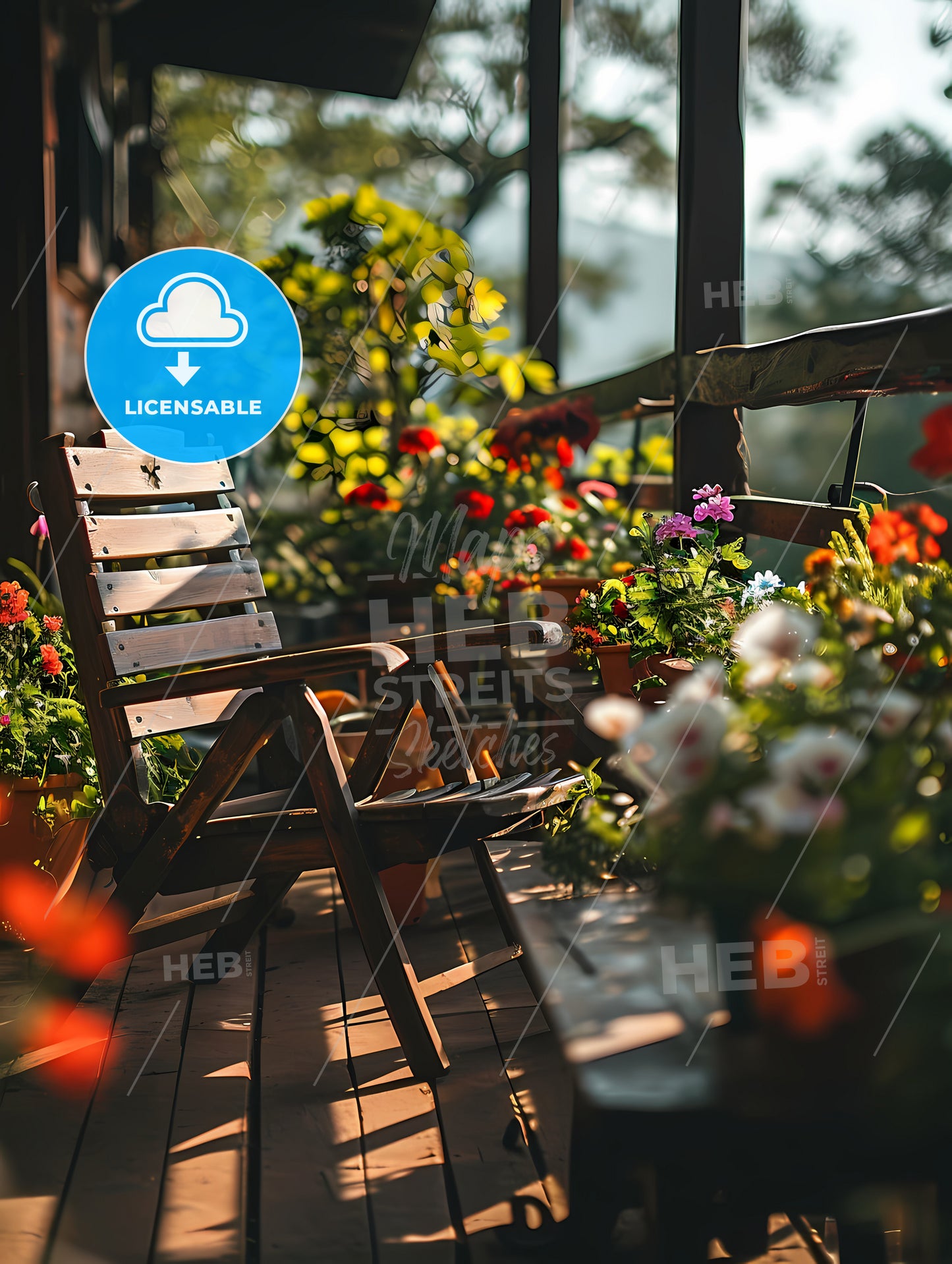 Small Patio With A Deck Chair, A Wooden Chair On A Porch With Flowers