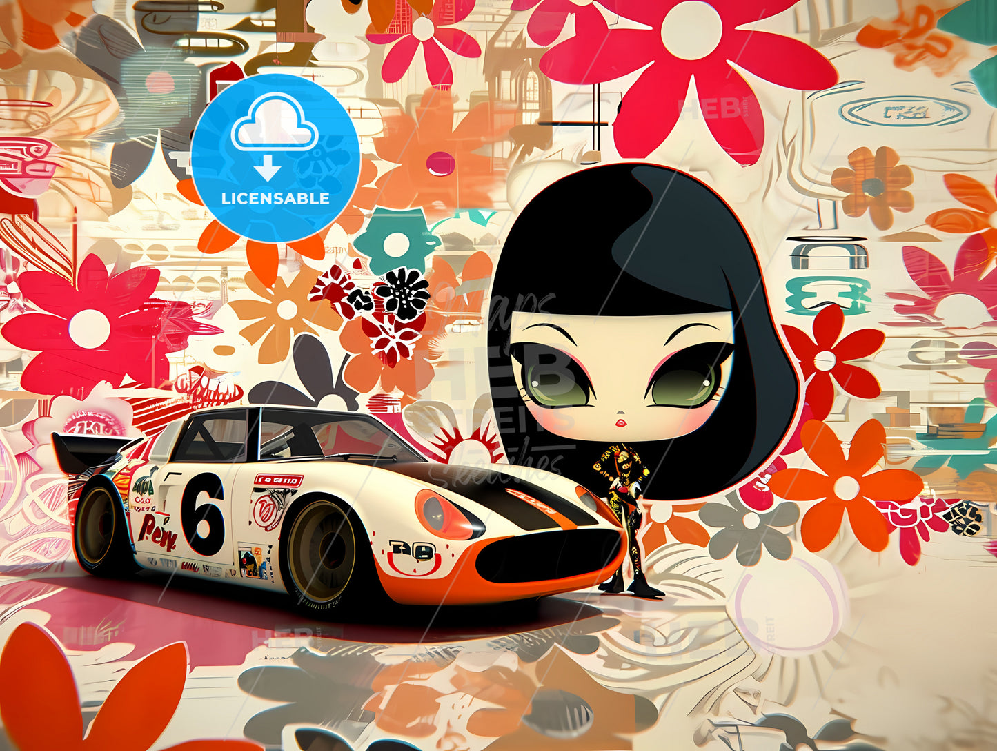 1960 Illustration Of A Girl, A Cartoon Car With A Cartoon Character