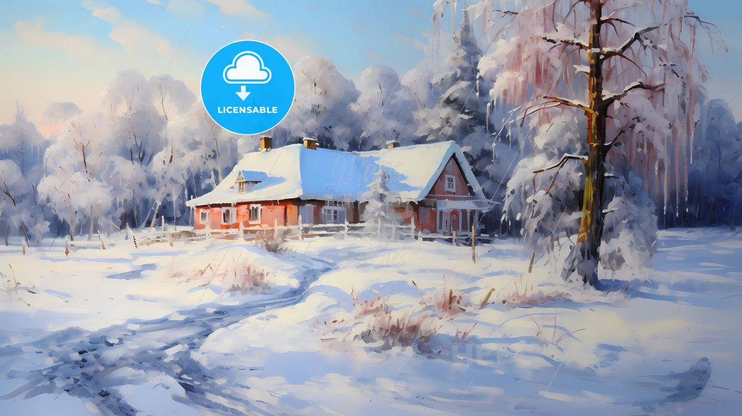 A View Of The House And Snow Covering, A House In The Snow