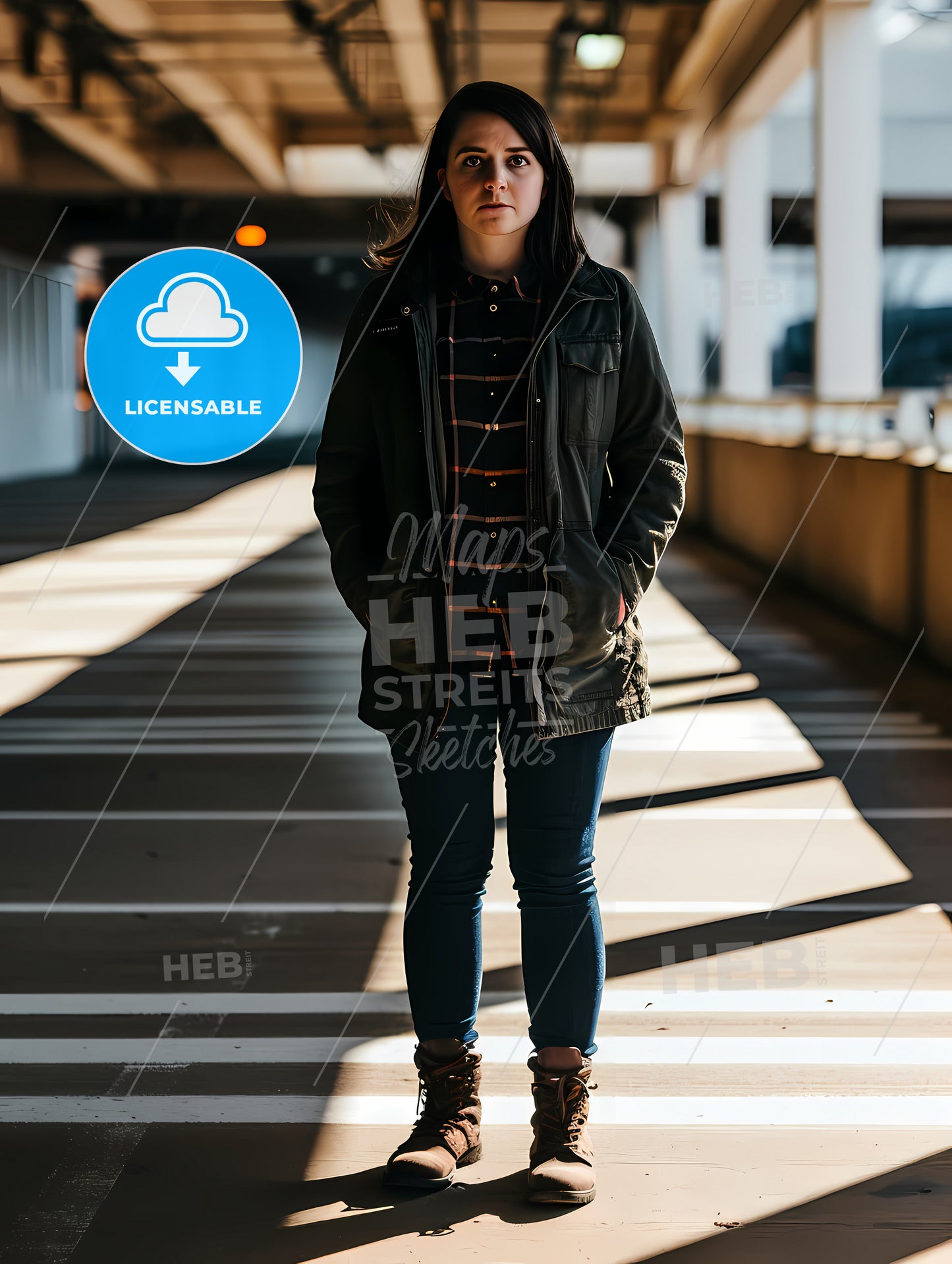 One Woman With Shadows In The Tunnel, A Woman Standing In A Parking Lot