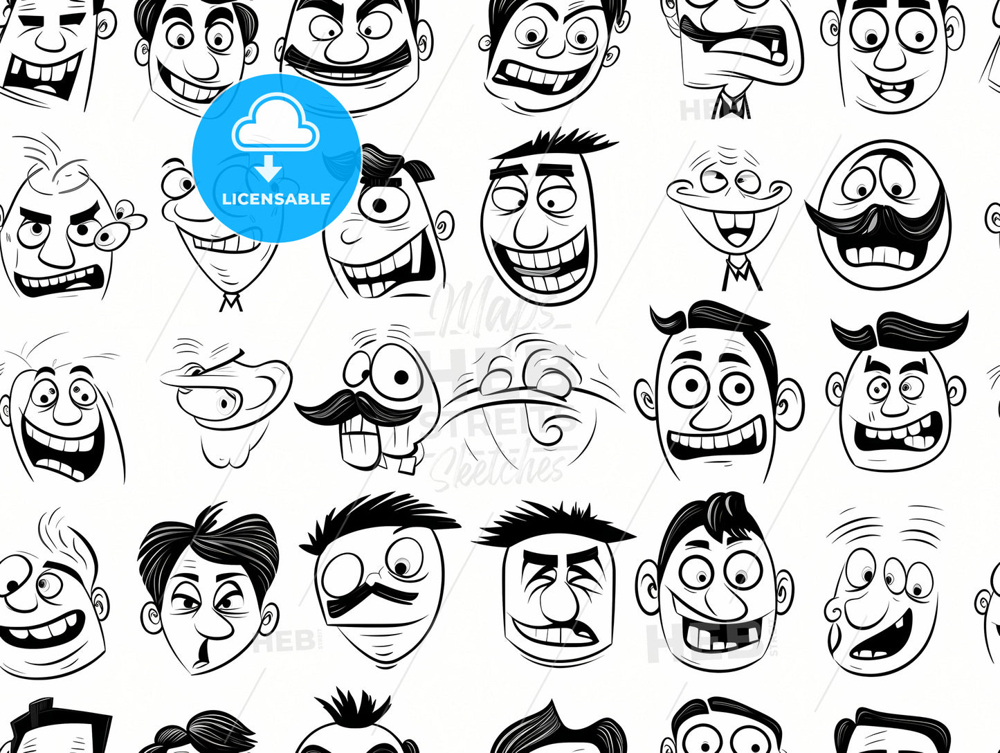 Funny Retro Cartoon Character Faces, A Seamless Pattern Of Cartoon Faces