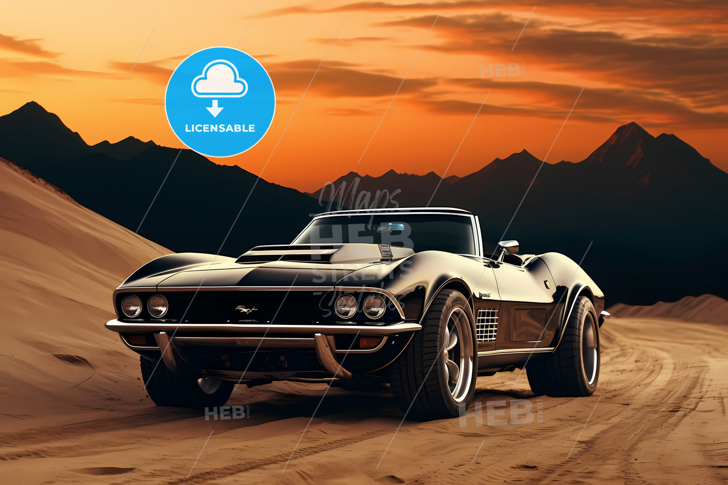 A Classic Black Muscle Car, A Black Car On A Sandy Road With Mountains In The Background