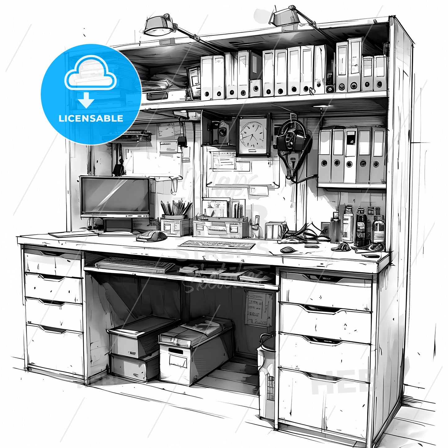 Desk Product Industrial Design Sketch, A Drawing Of A Desk With A Computer And A Monitor