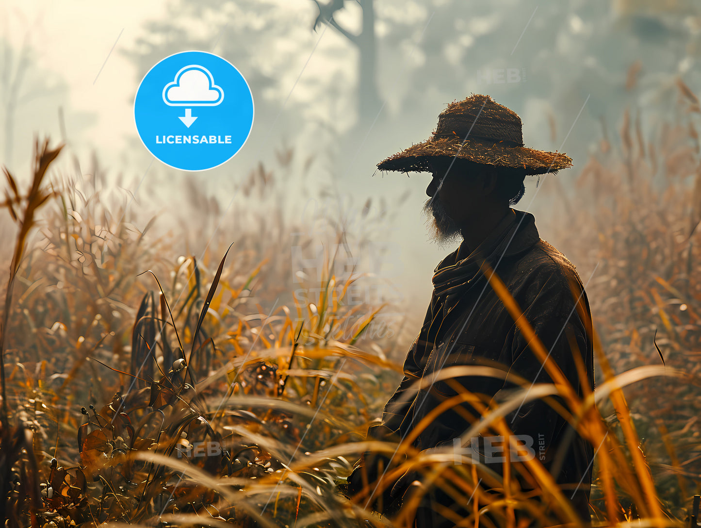 A Farmer Is Selecting, A Man In A Straw Hat In A Field