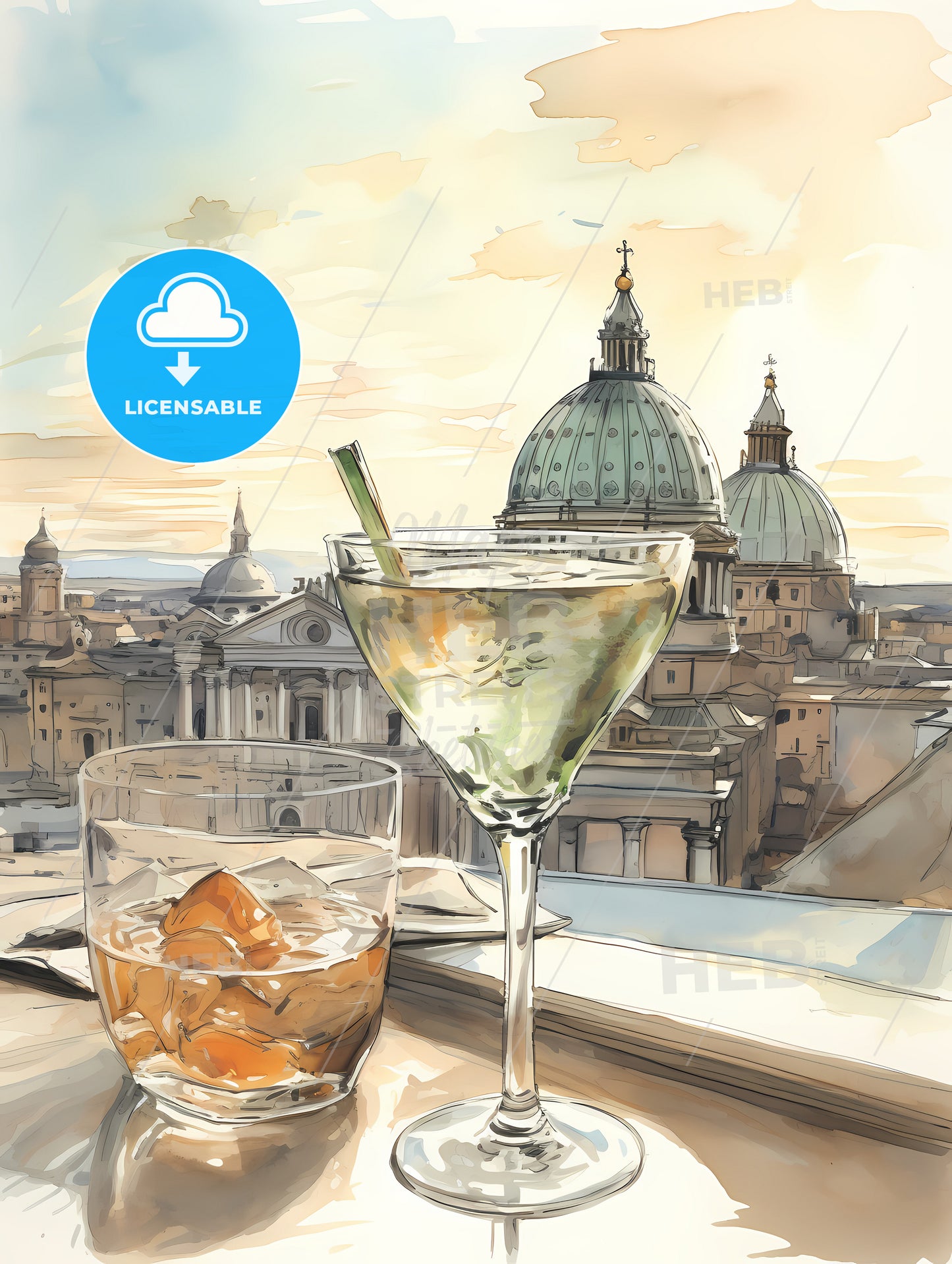 Classic Margarita Cocktail, A Glass Of Liquid On A Ledge With A City In The Background