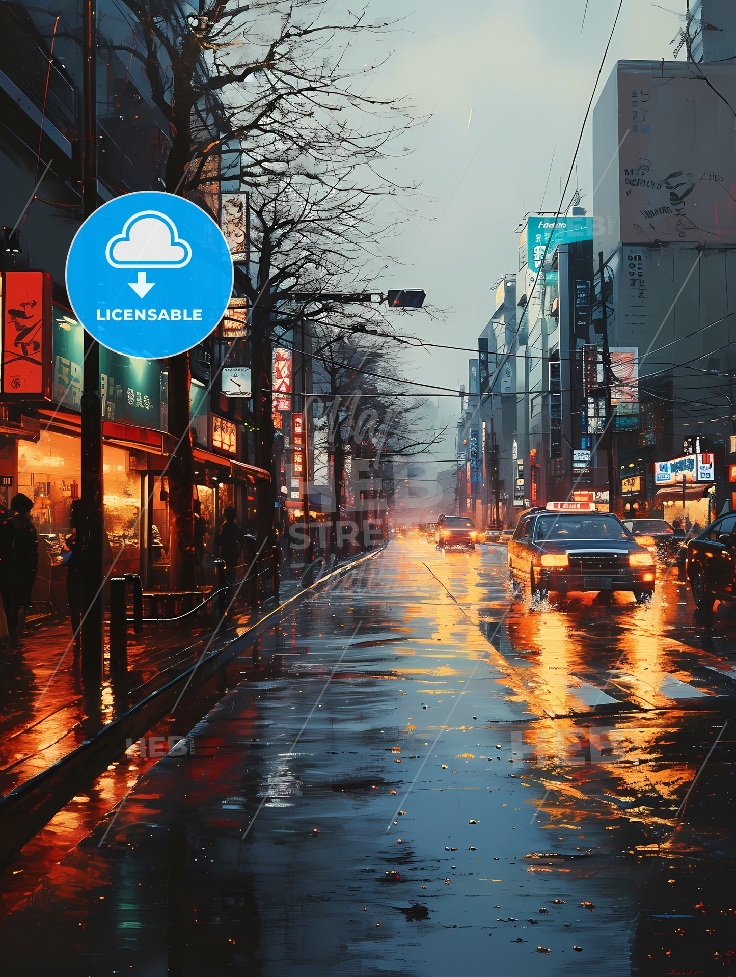 Oil Painting Tokyo, A Wet Street With Cars And Buildings On It