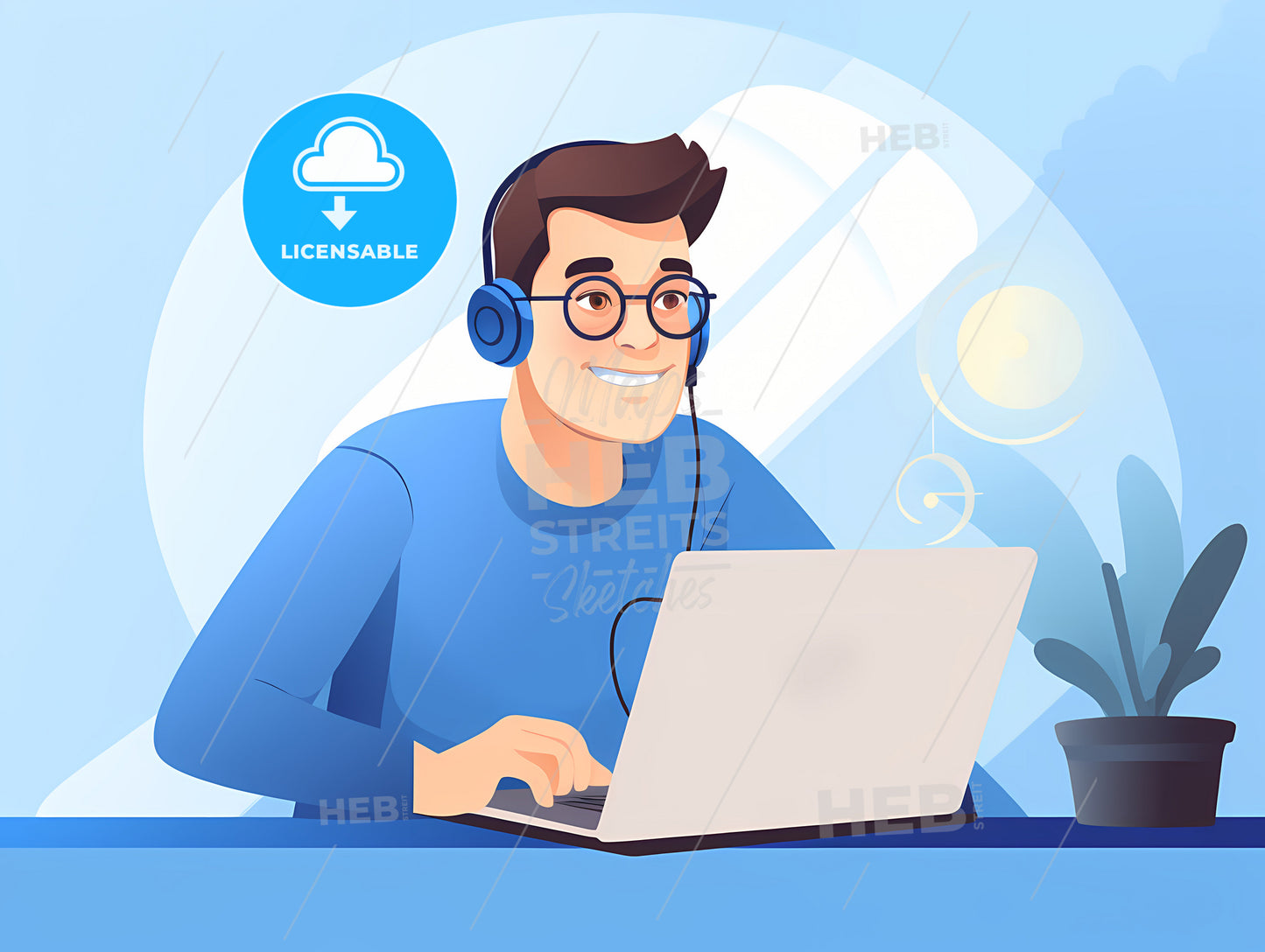 Young Man Working From Home, A Man Wearing Headphones And Using A Laptop