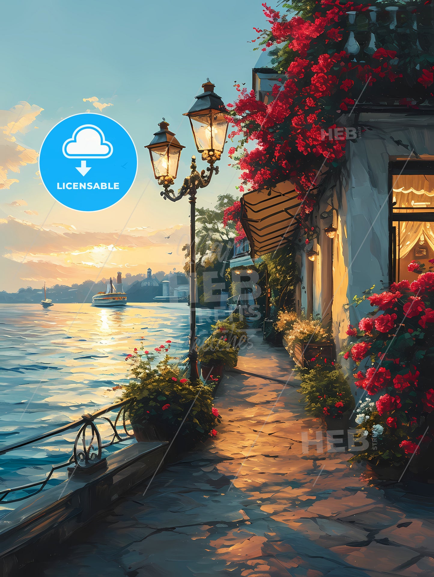 Cafe Warm Lamp Lakeside, A Street With Flowers And A Body Of Water