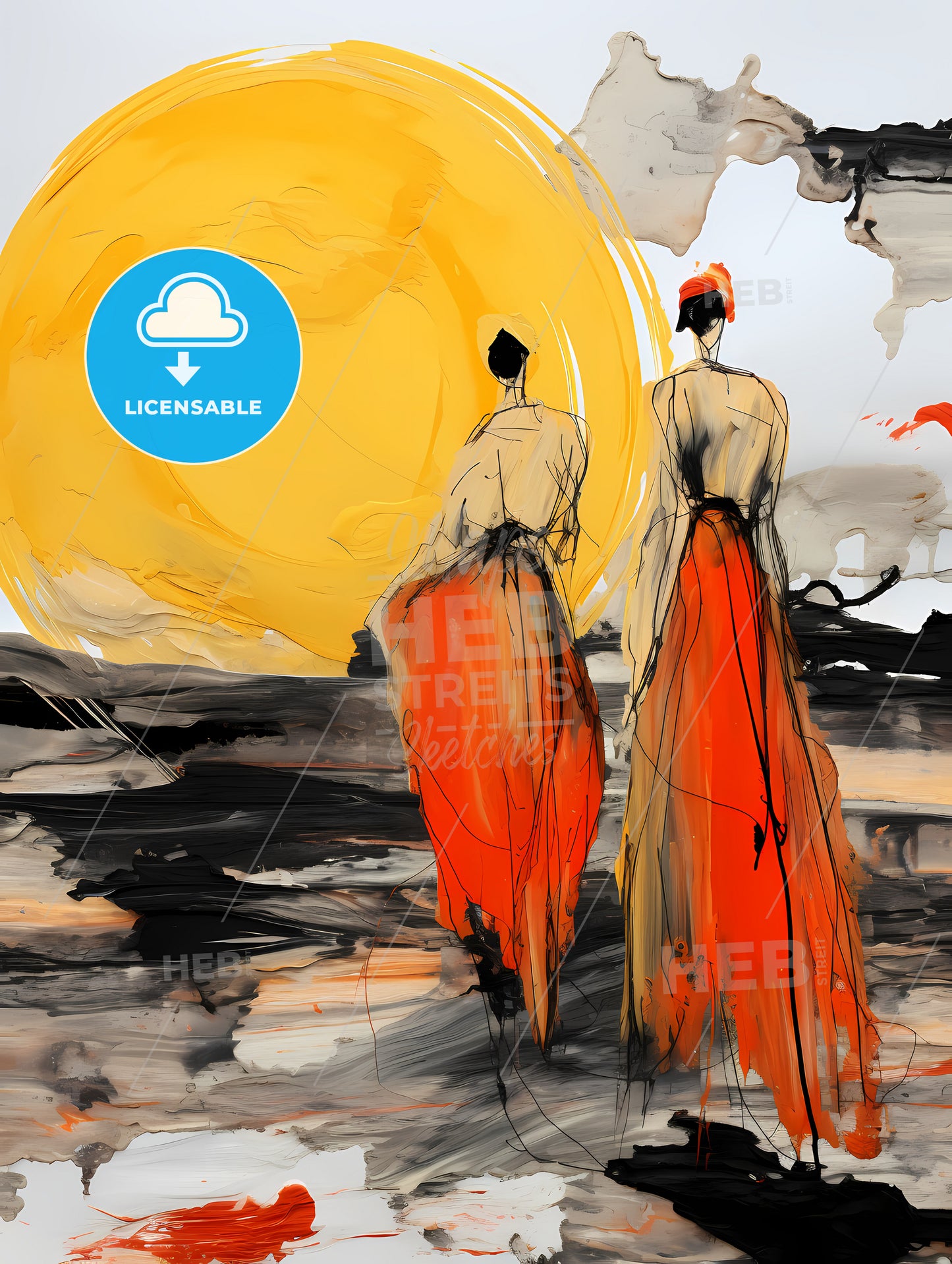 A Fashion Shoot On Saturn , A Painting Of Two Women In Long Dresses