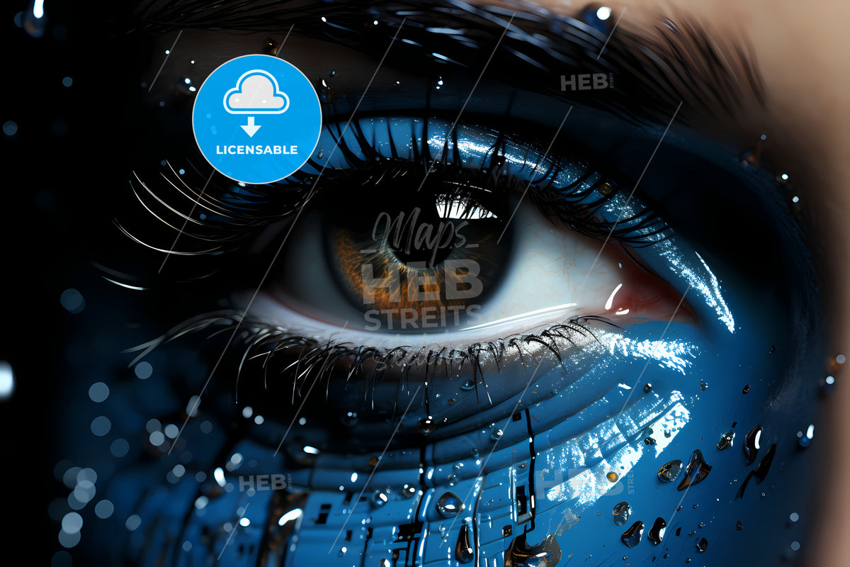 Abstract Digital Human Face, Close Up Of A Woman's Eye With Blue Makeup