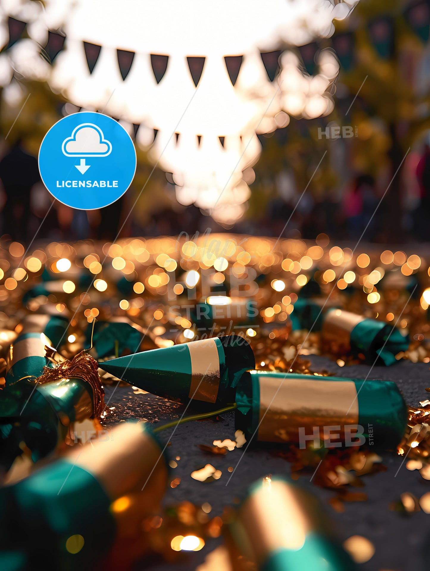 Silver Graduation Banner With Green Glitter And Gold, A Group Of Confetti And Crackers On The Ground