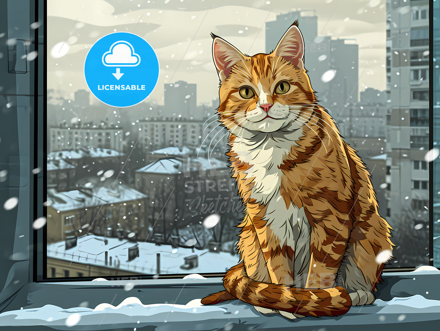 Cat In The Windowsill, A Cat Sitting On A Ledge In The Snow