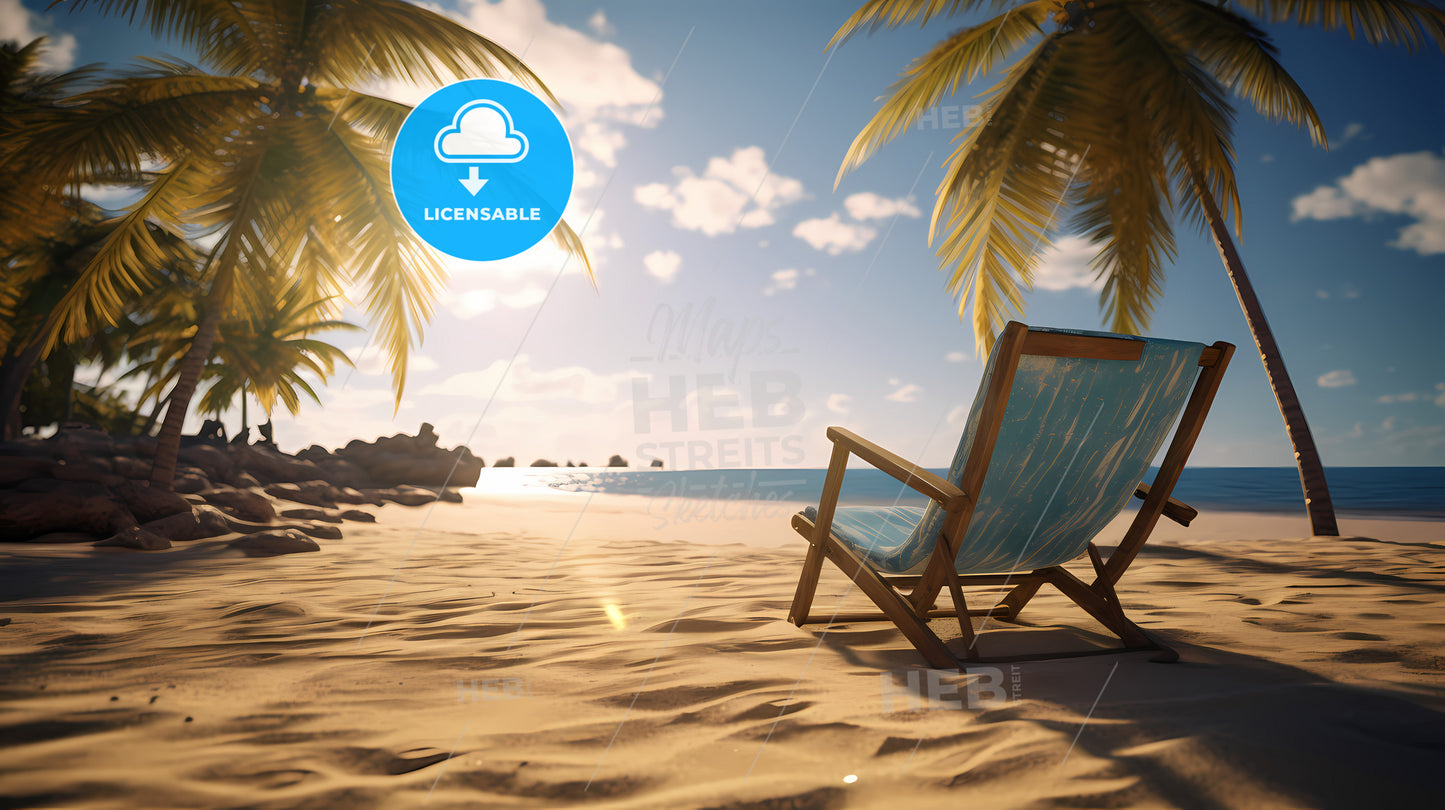 On A Sunny Beach With A Palm Tree, A Chair On A Beach