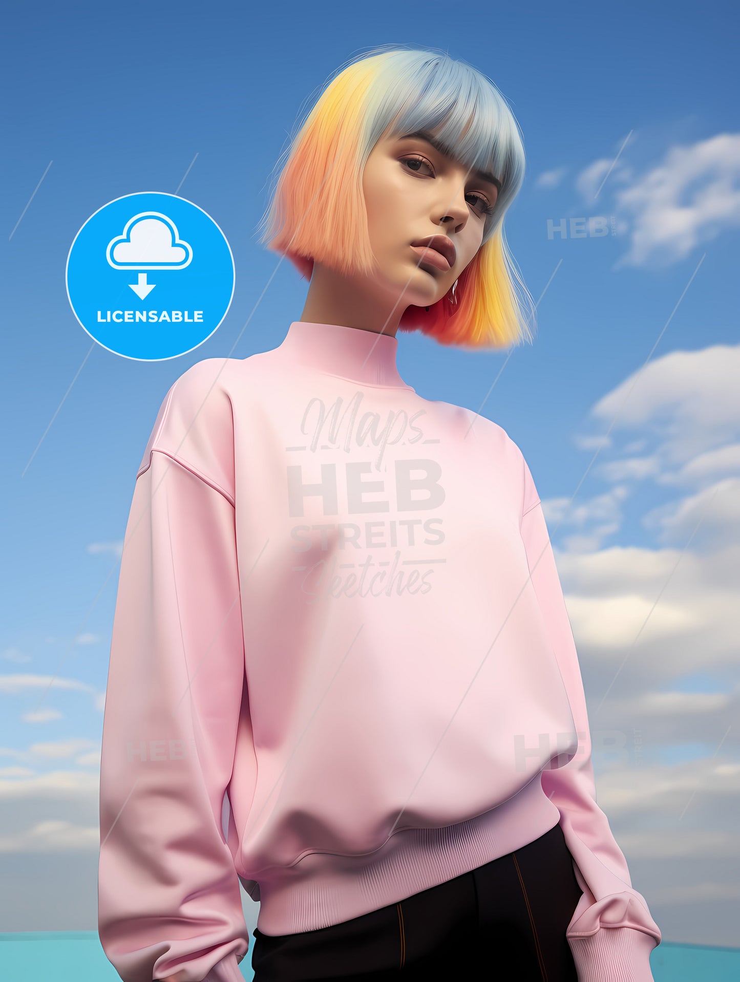 Girl Standing On A Pastel Background, A Woman With Multicolored Hair