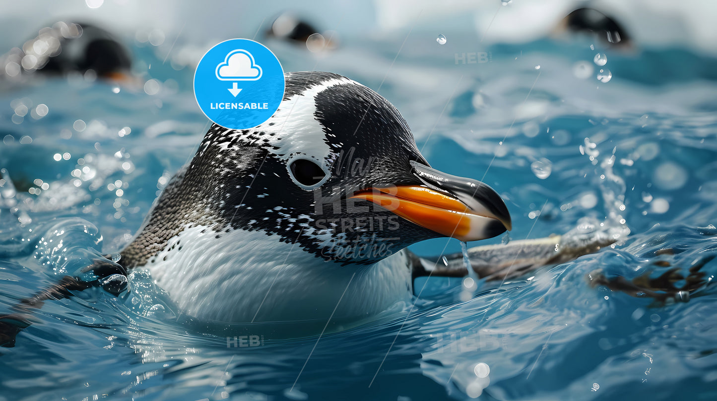 A Cute Little Penguin In The Blue Sea, A Penguin Swimming In The Water