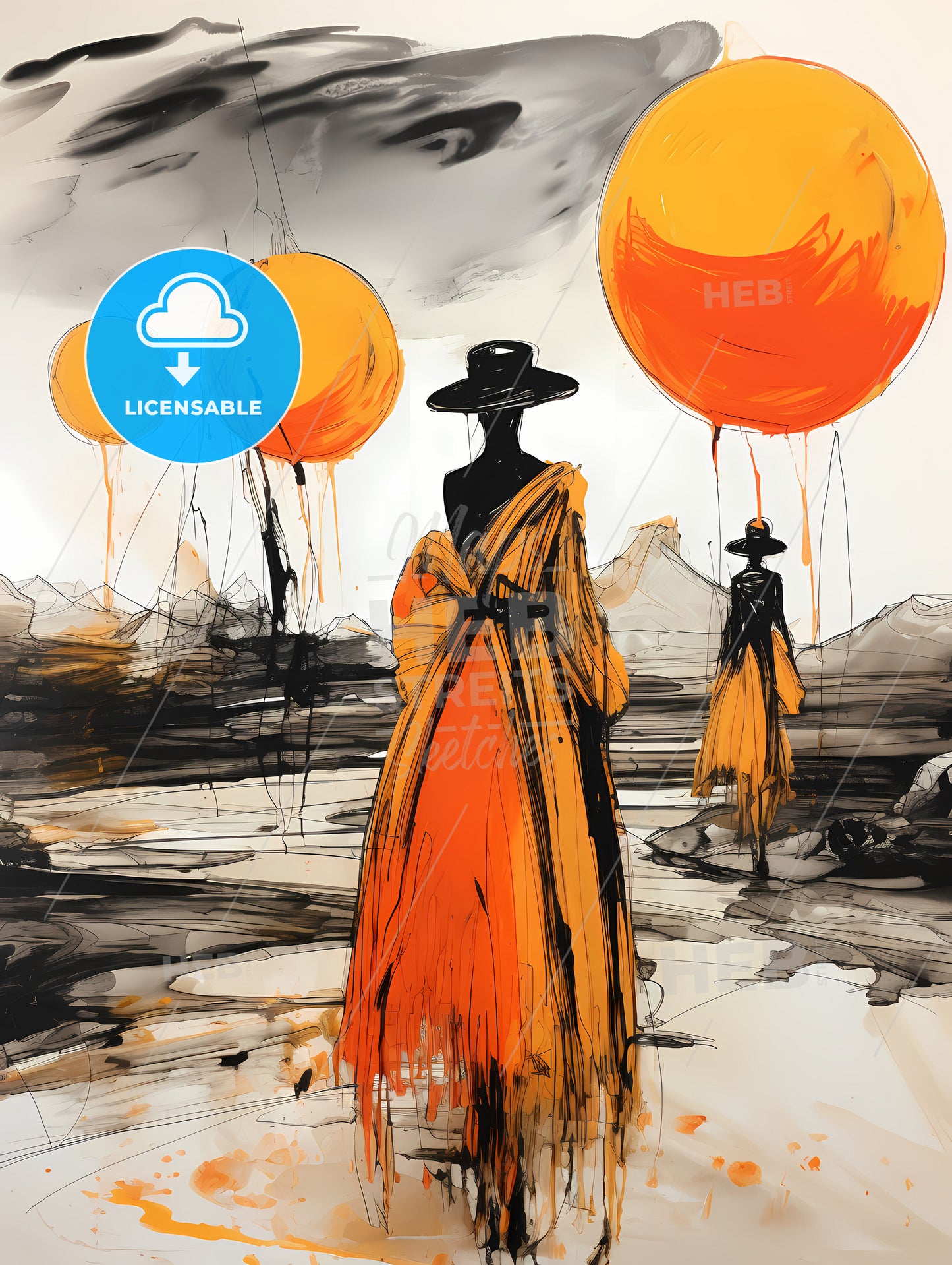 A Fashion Shoot On Saturn , A Painting Of A Woman In A Hat And Dress With Balloons