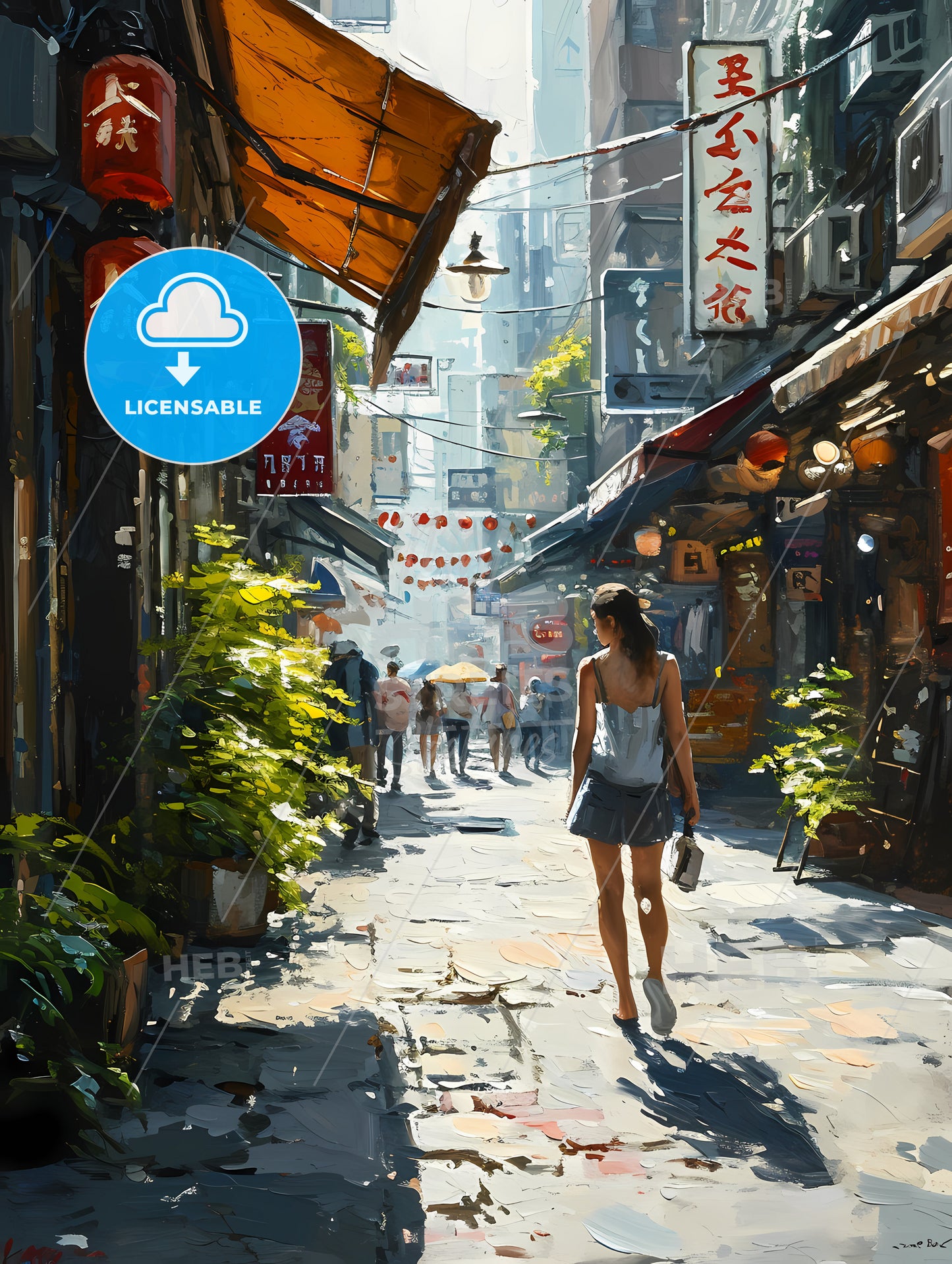 Oil Painting Tokyo, A Woman Walking Down A Street