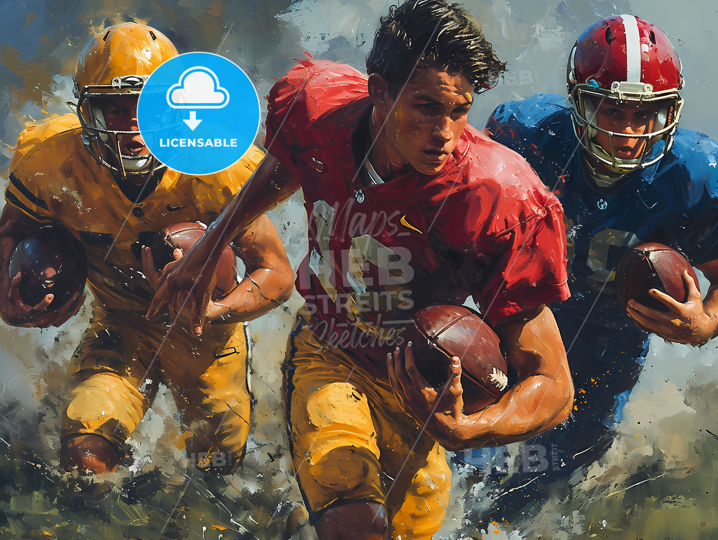 American Football, A Group Of Football Players Running With Footballs