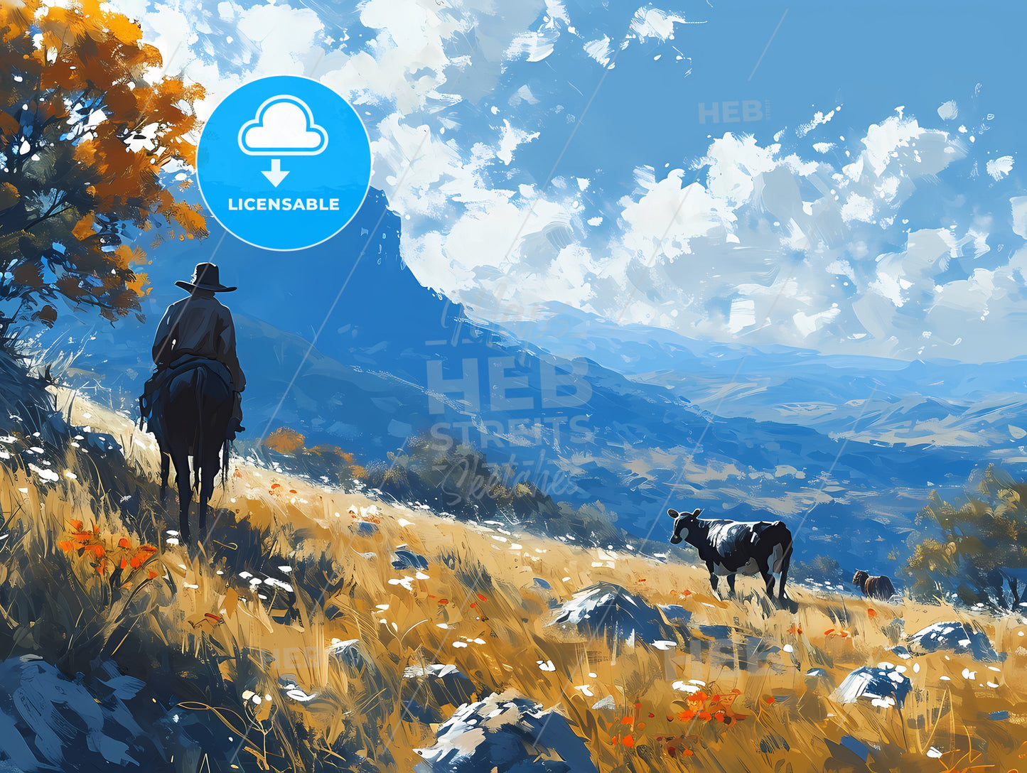 A Farmer Is Selecting, A Man On A Horse In A Field With Horses