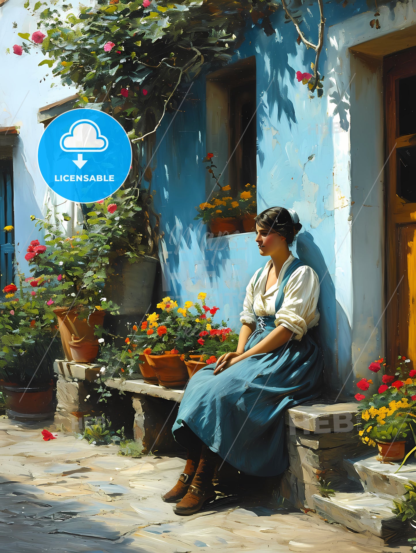 Oil Painting Of A 34 View, A Woman Sitting On A Bench Outside A Building