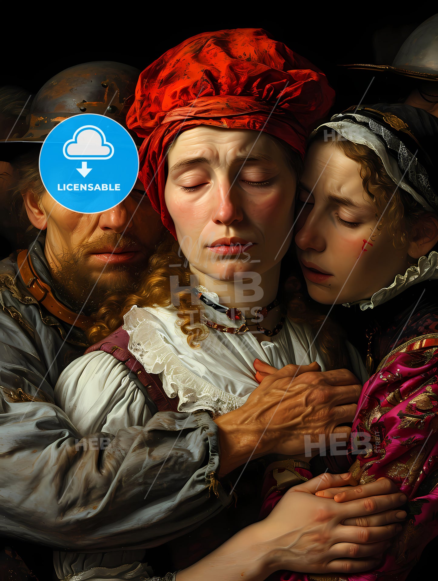 Injured Soldiers, A Painting Of A Woman And Two Men