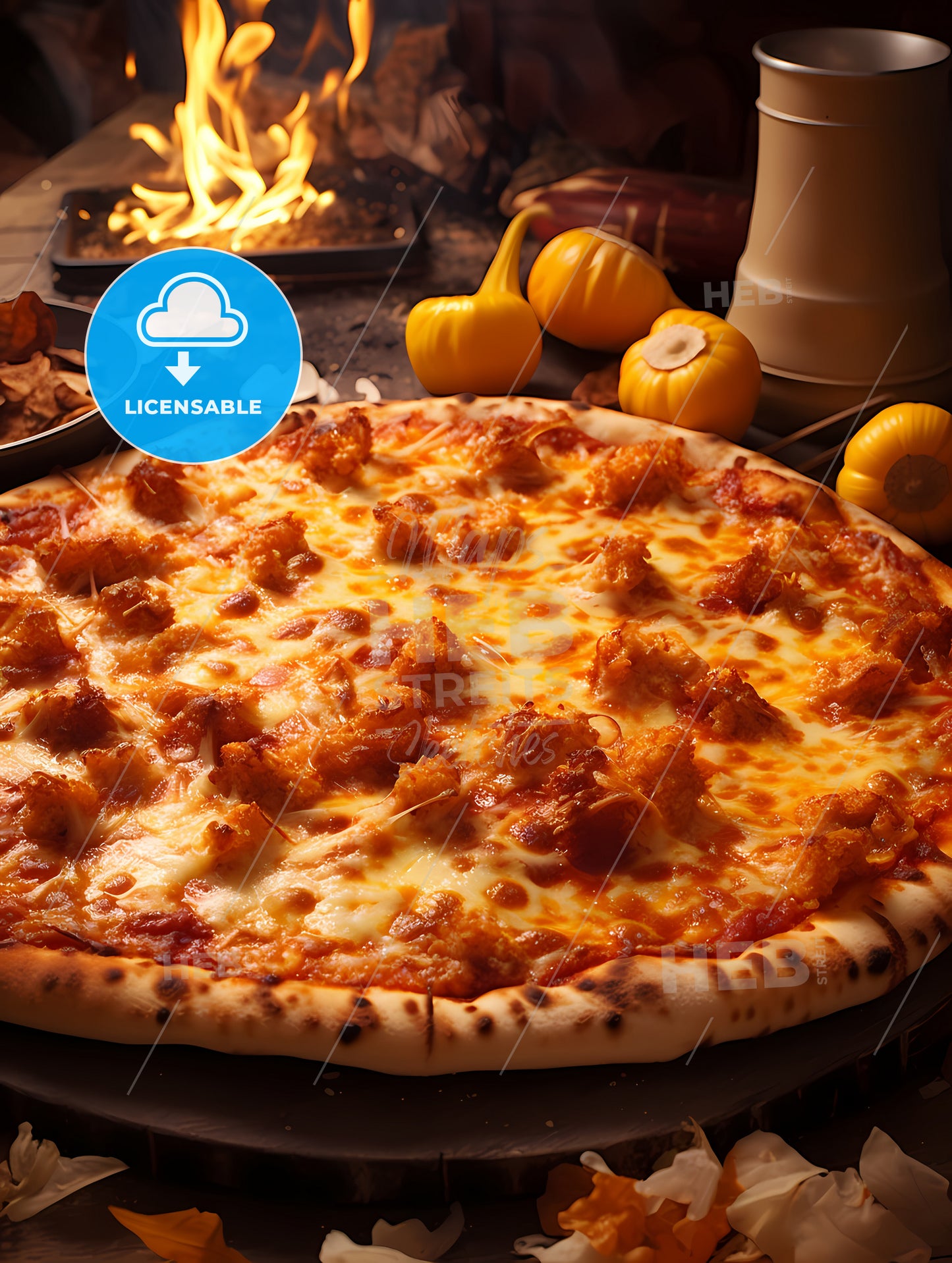 Hot Cheesy Pizza, A Pizza With A Fire And Vegetables