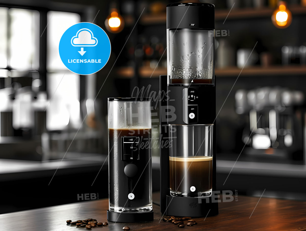Bionic Design Of Coffee Machine, A Coffee Maker And Coffee Beans On A Table