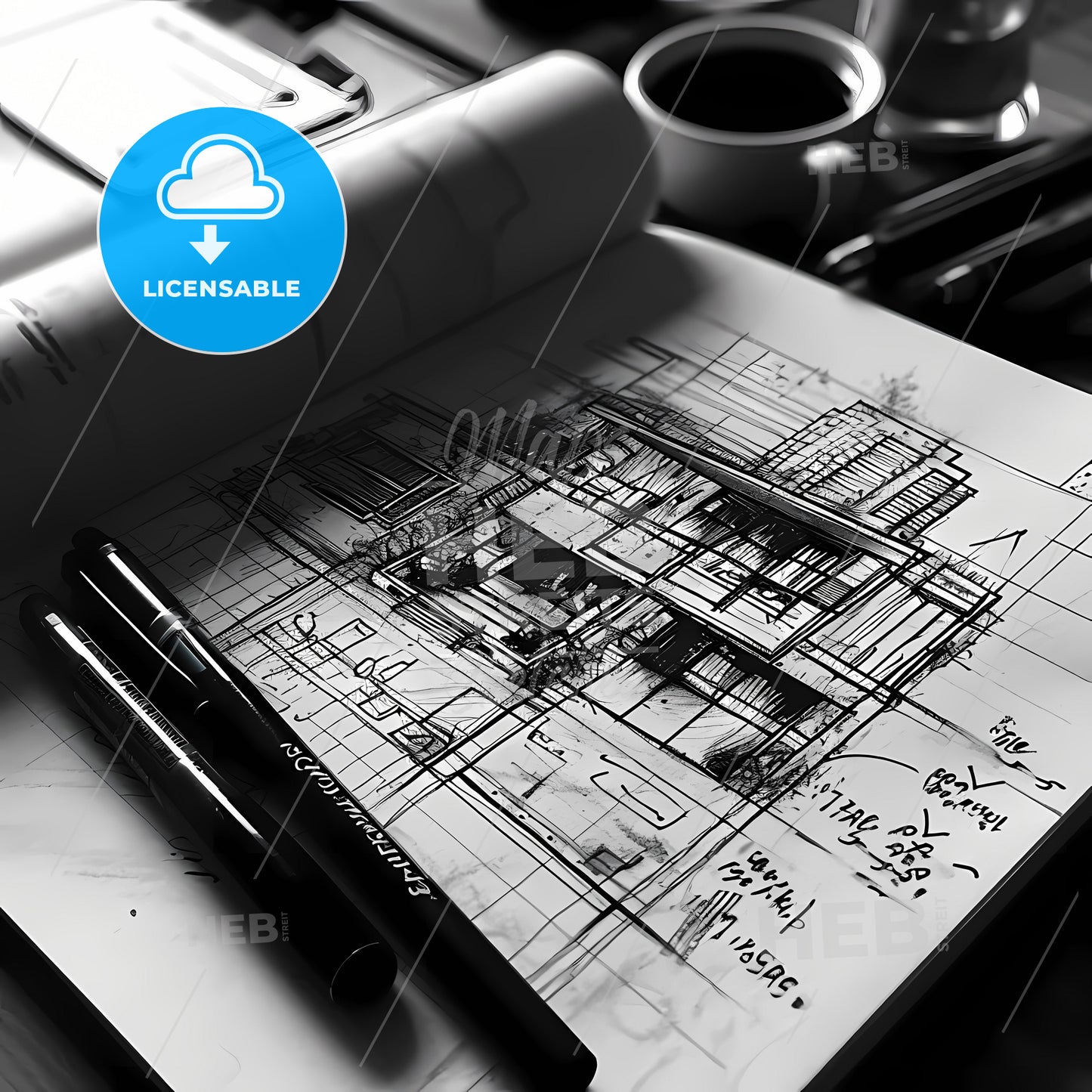 Desk Product Industrial Design Sketch, A Sketchbook With Pens And Coffee