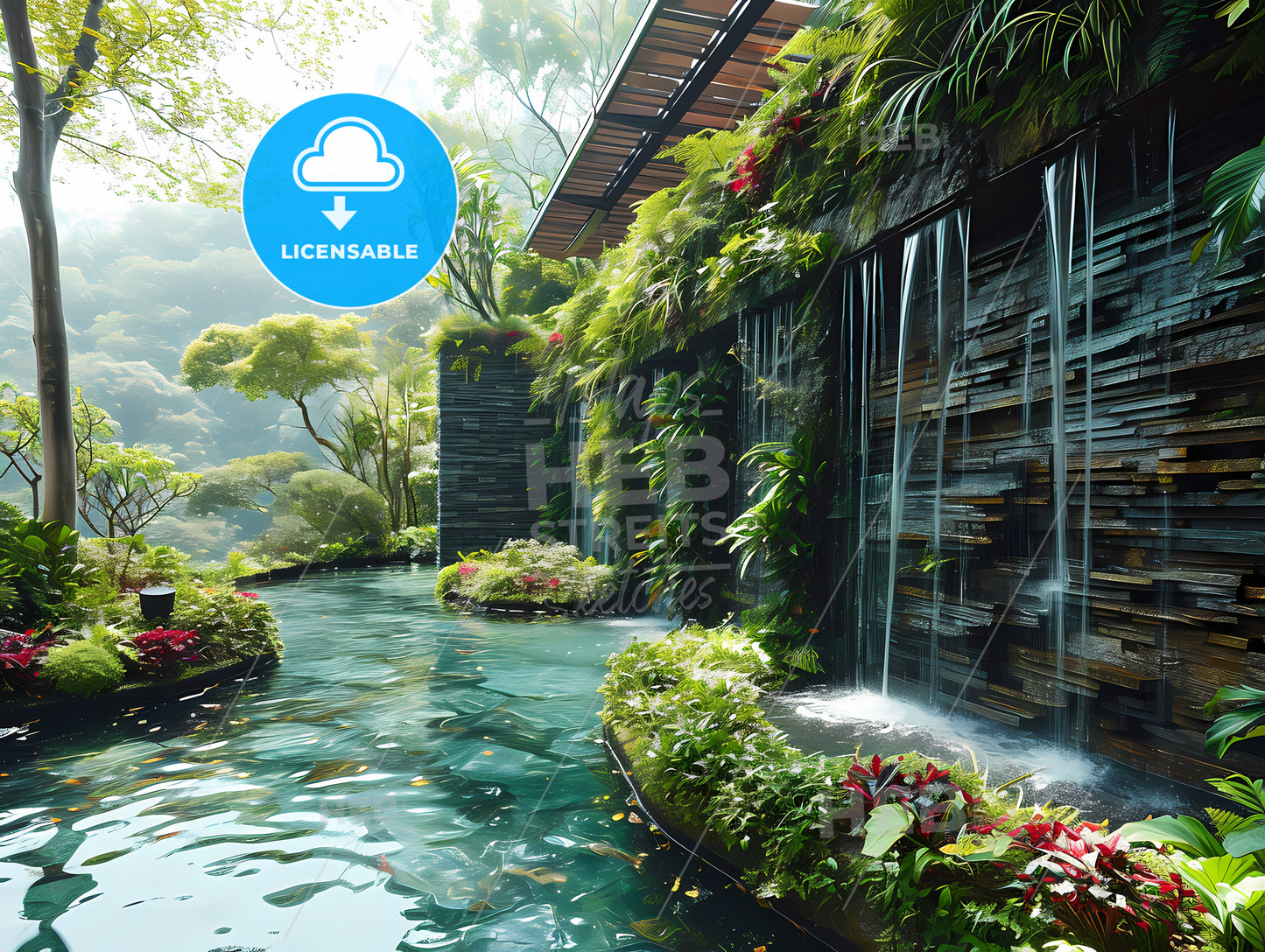 Design Of A Modern Real Estate, A Waterfall In A Garden